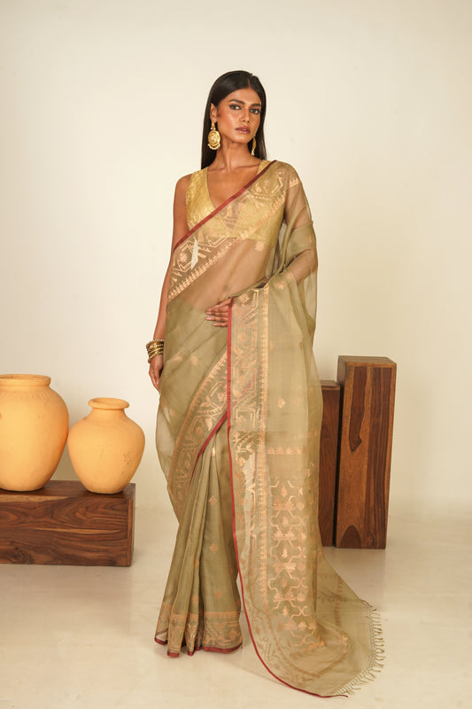 Moss Green Pure Organza Traditional Jamdani Handloom Saree(Pre-Order)