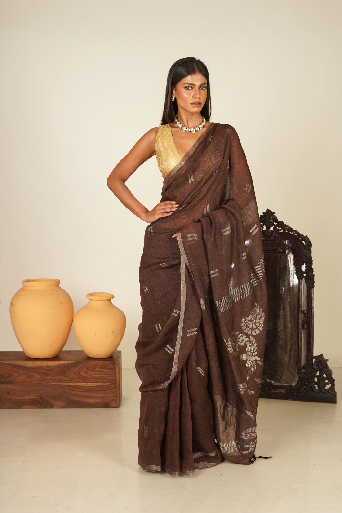 Brown Pure Linen Jamdani Handloom Saree