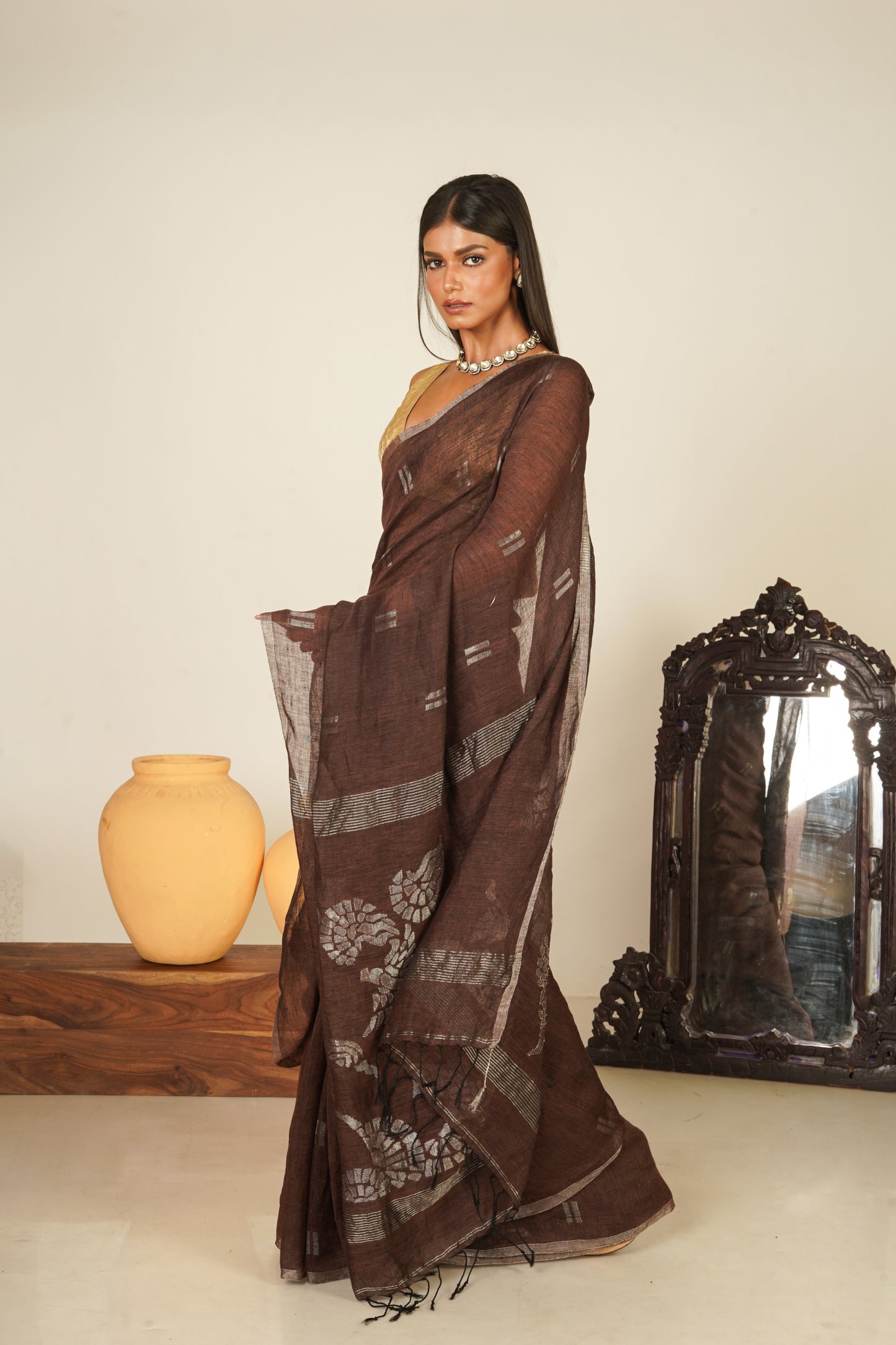 Brown Pure Linen Jamdani Handloom Saree