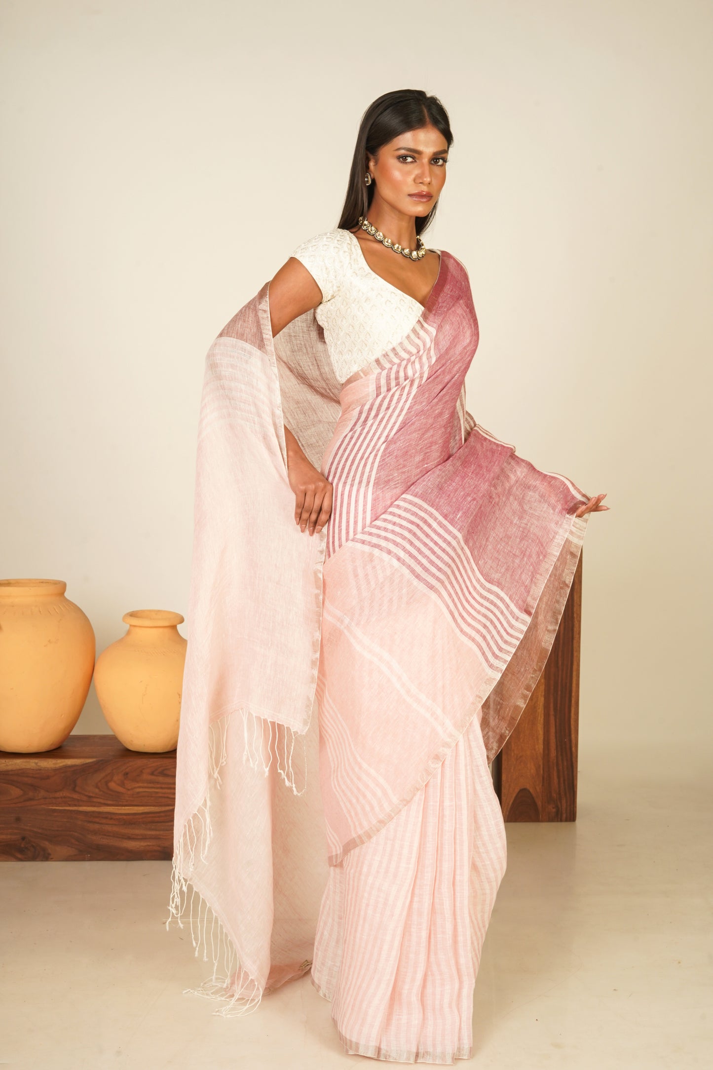 Pink Pure Linen Handloom Saree