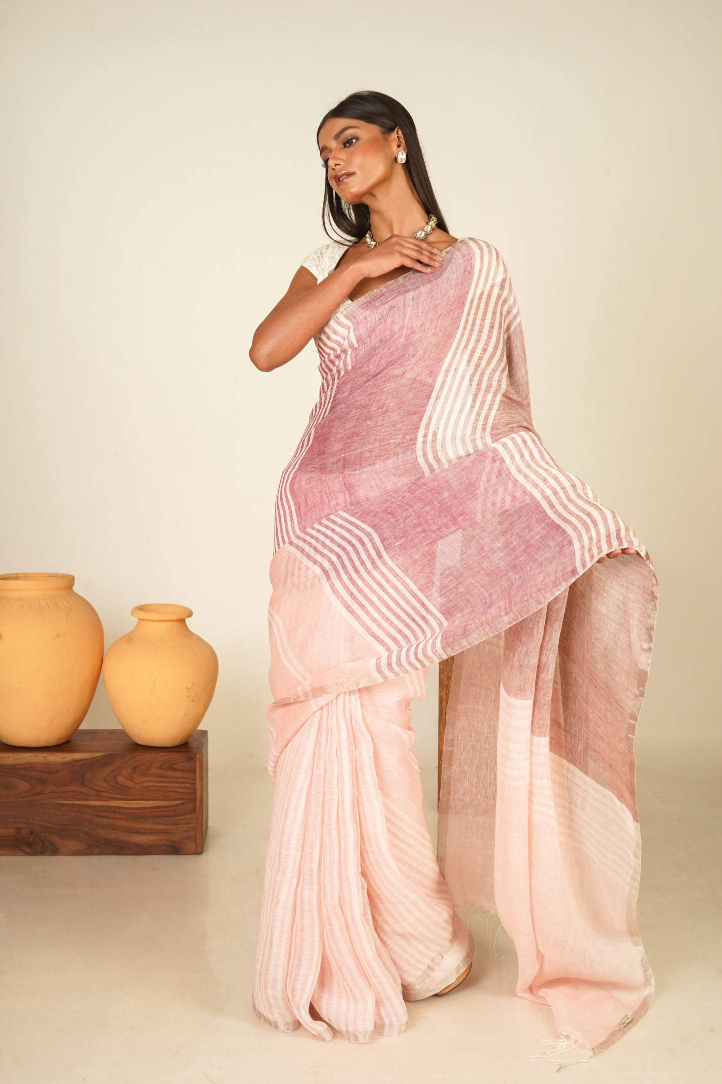 Pink Pure Linen Handloom Saree