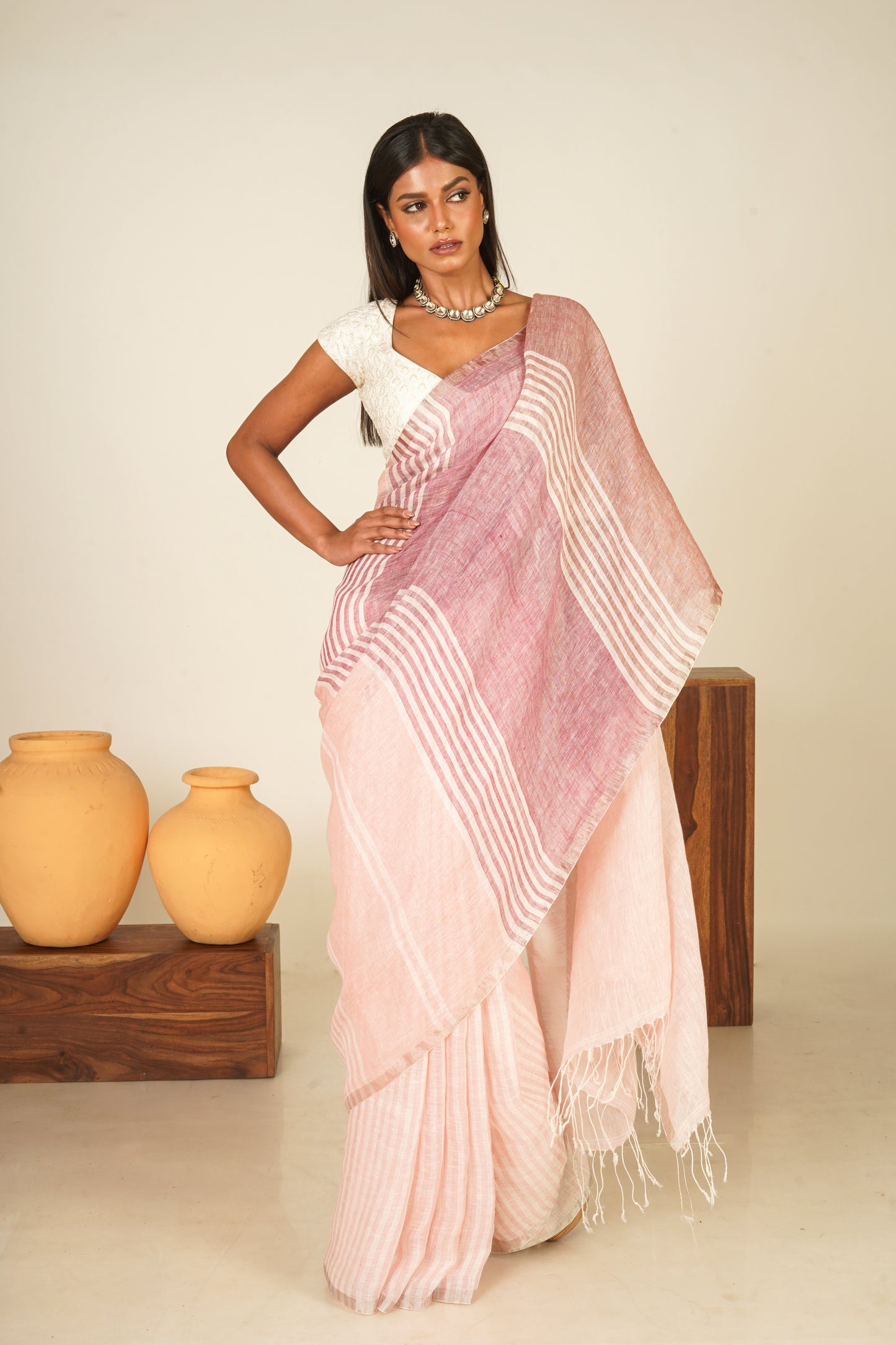 Pink Pure Linen Handloom Saree