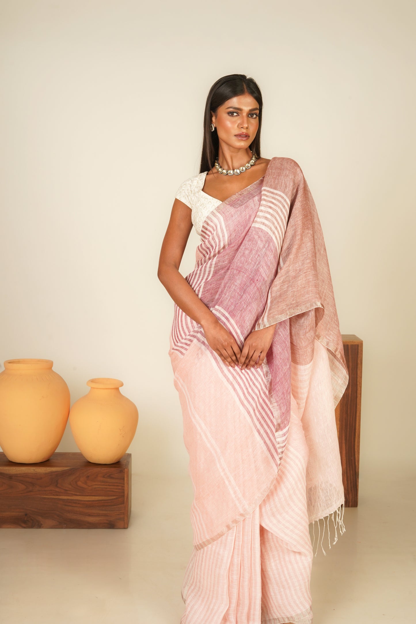 Pink Pure Linen Handloom Saree