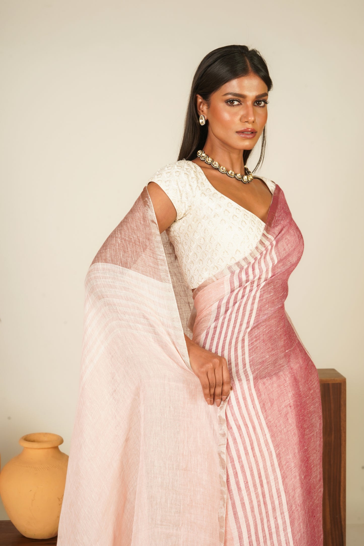 Pink Pure Linen Handloom Saree