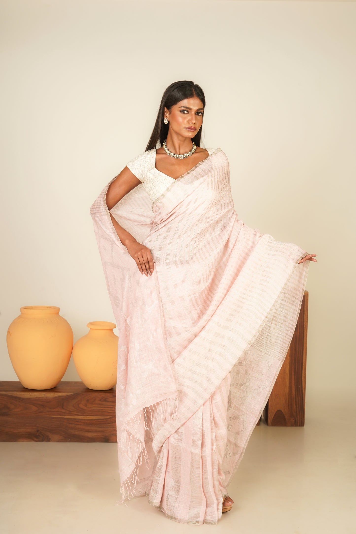 Pink Pure Linen Jamdani Handloom Saree