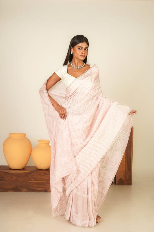 Pink Pure Linen Jamdani Handloom Saree