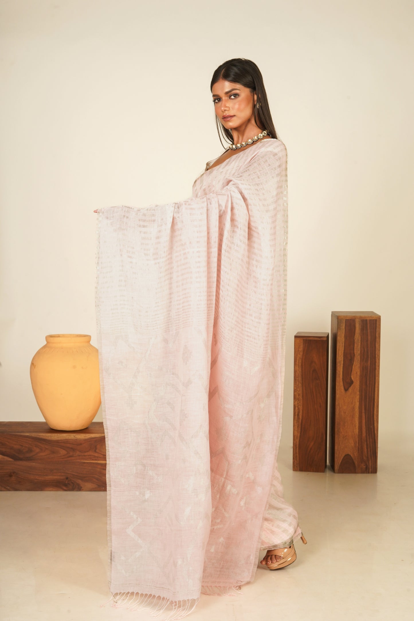 Pink Pure Linen Jamdani Handloom Saree