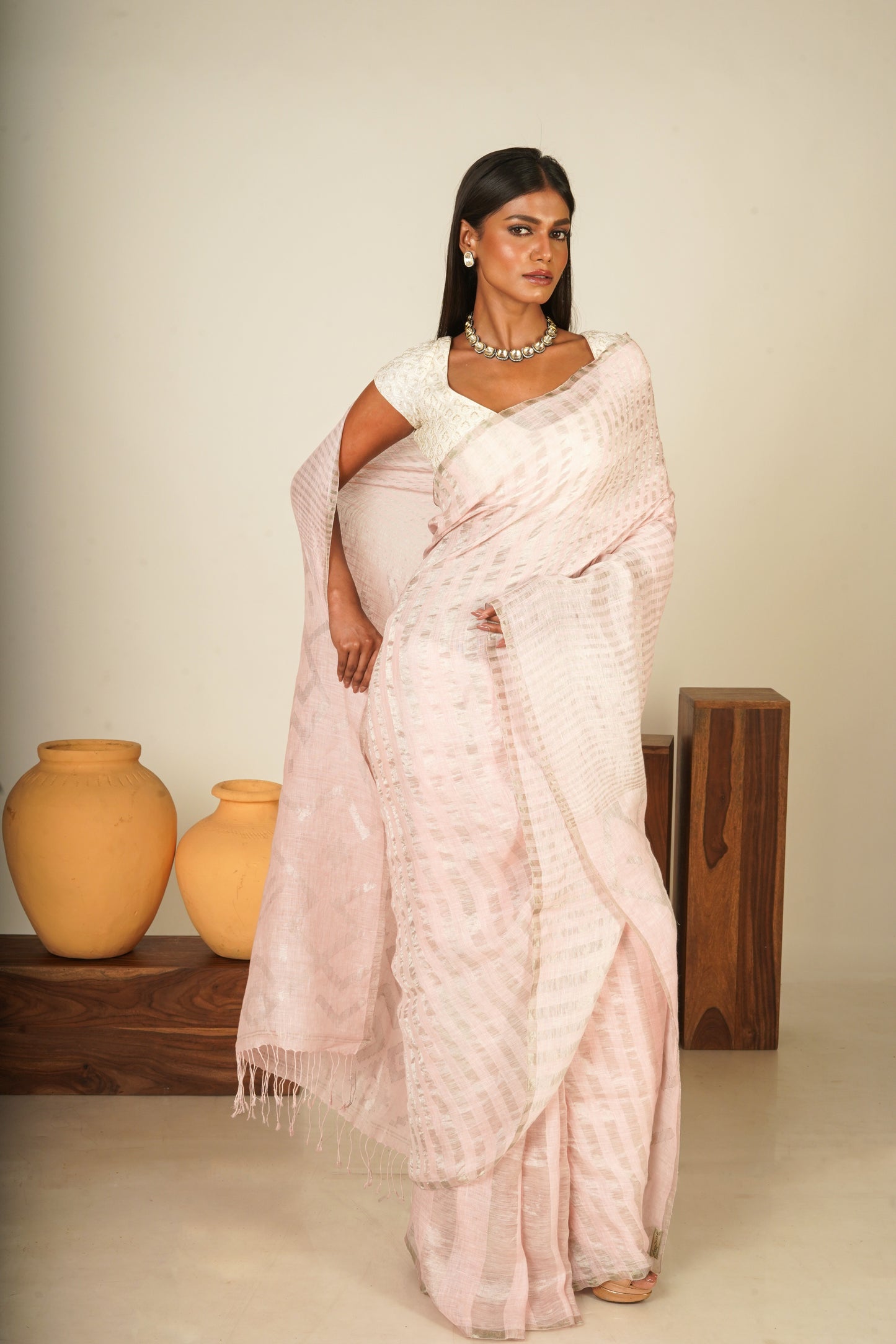 Pink Pure Linen Jamdani Handloom Saree