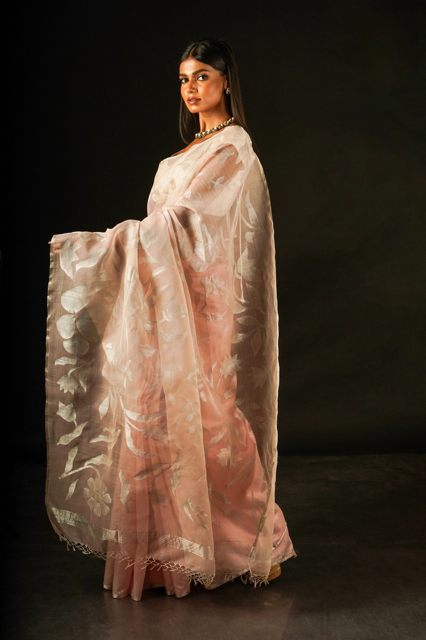 Pink Pure Organza and Matka Silk Jamdani Handloom Saree