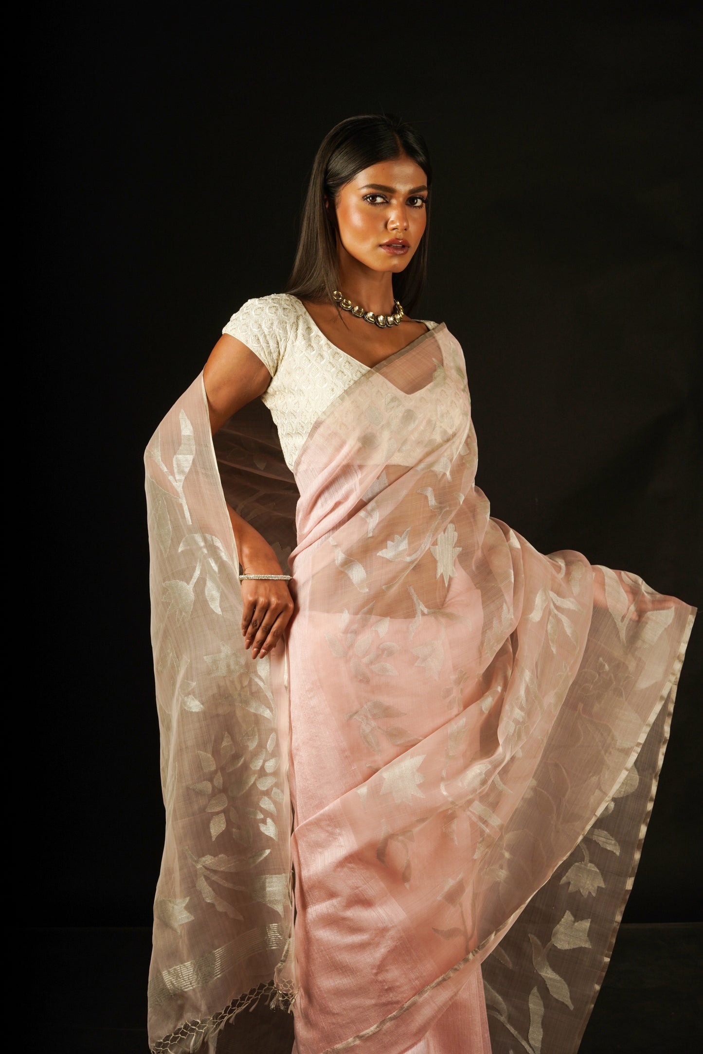 Pink Pure Organza and Matka Silk Jamdani Handloom Saree