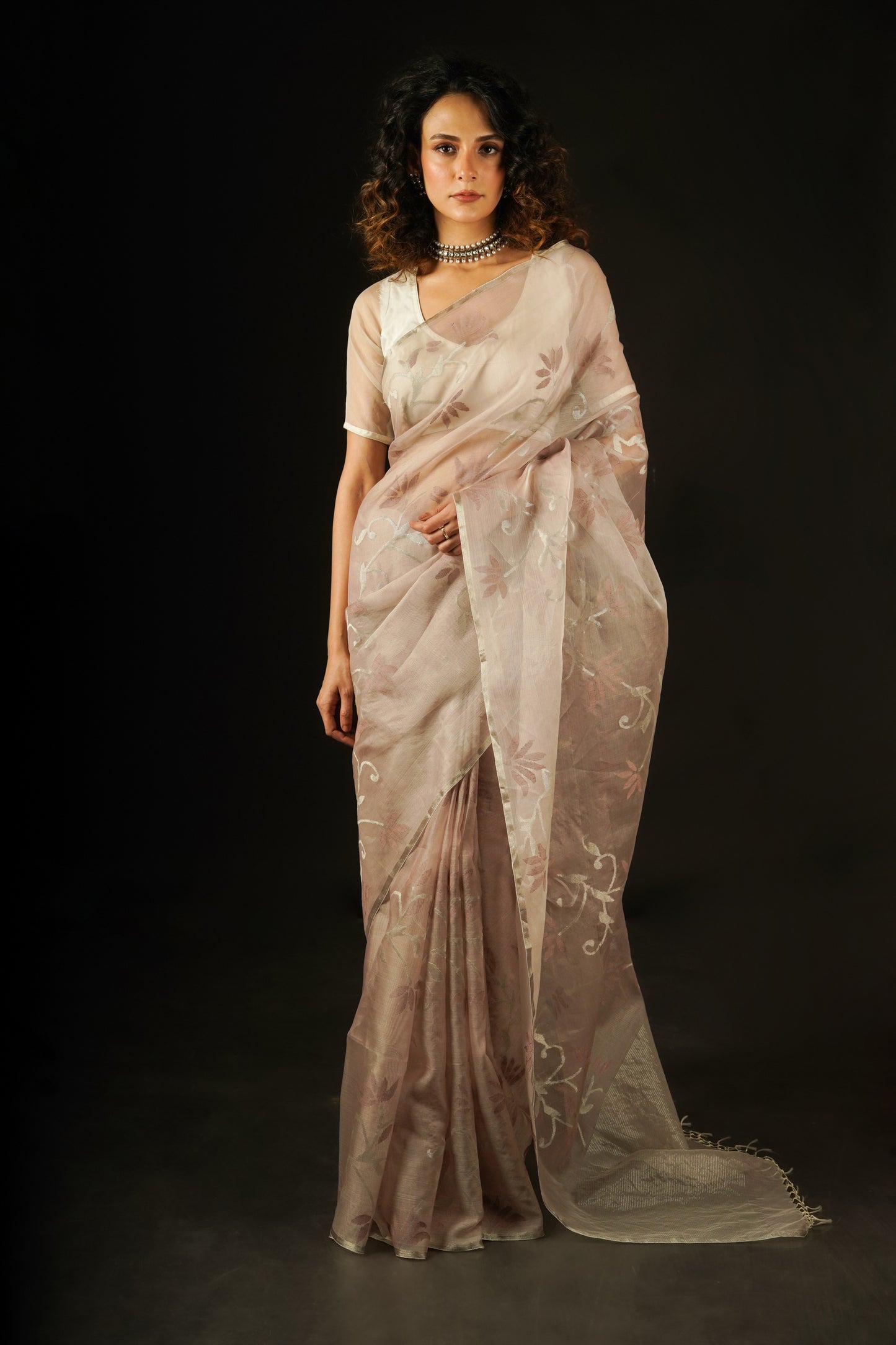 Light Mauve Pure Organza Silk Jamdani Handloom Saree