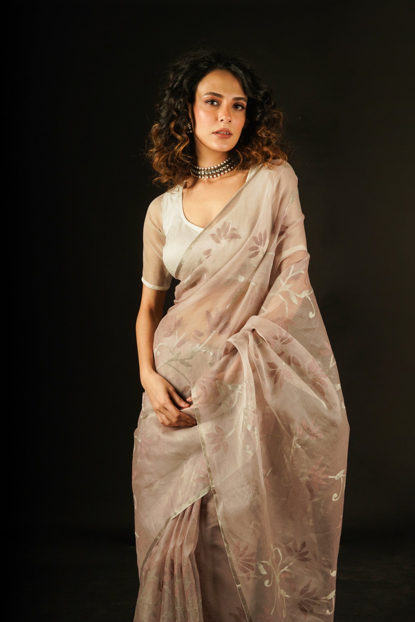 Light Mauve Pure Organza Silk Jamdani Handloom Saree