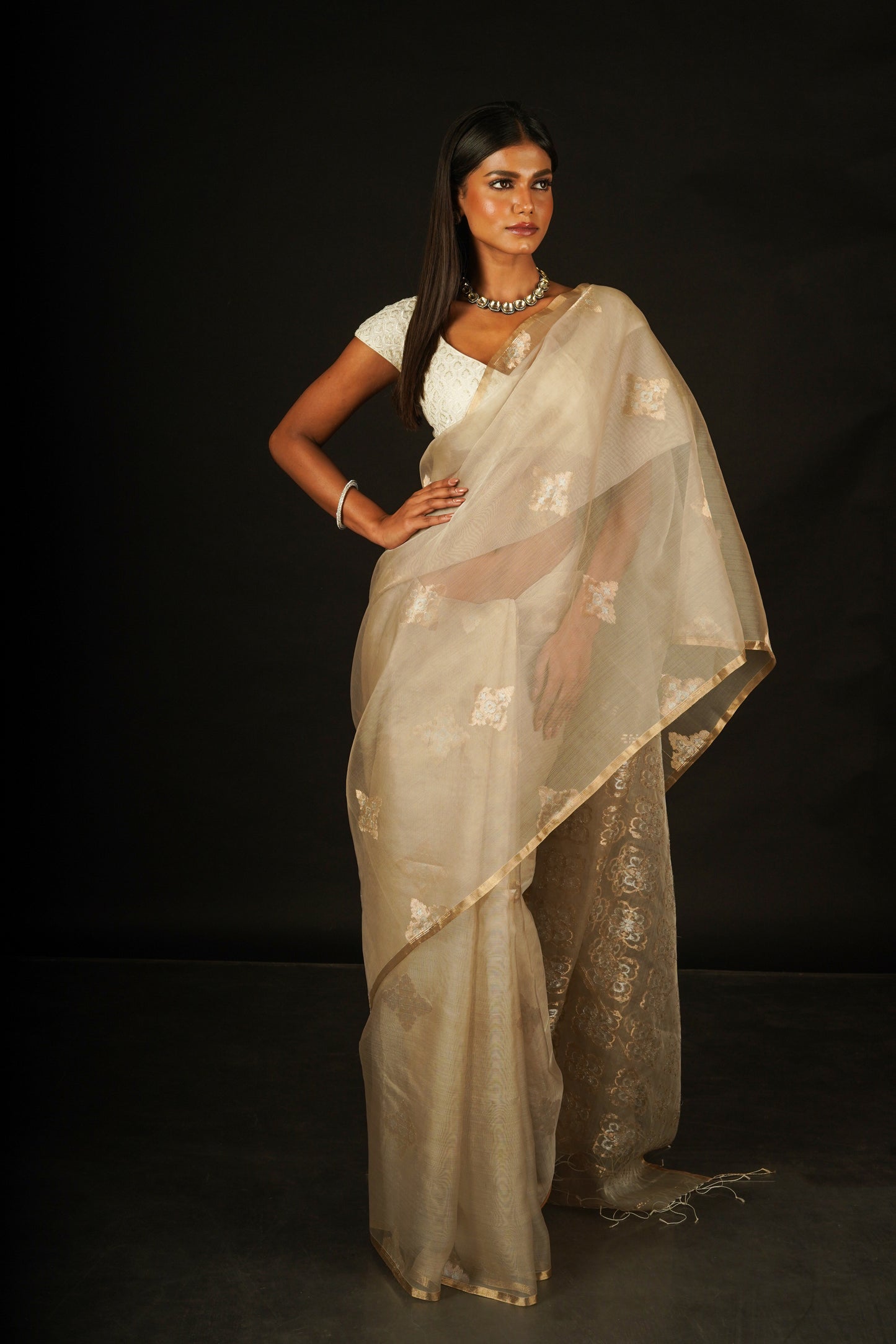 Beige Pure Organza Handloom Saree