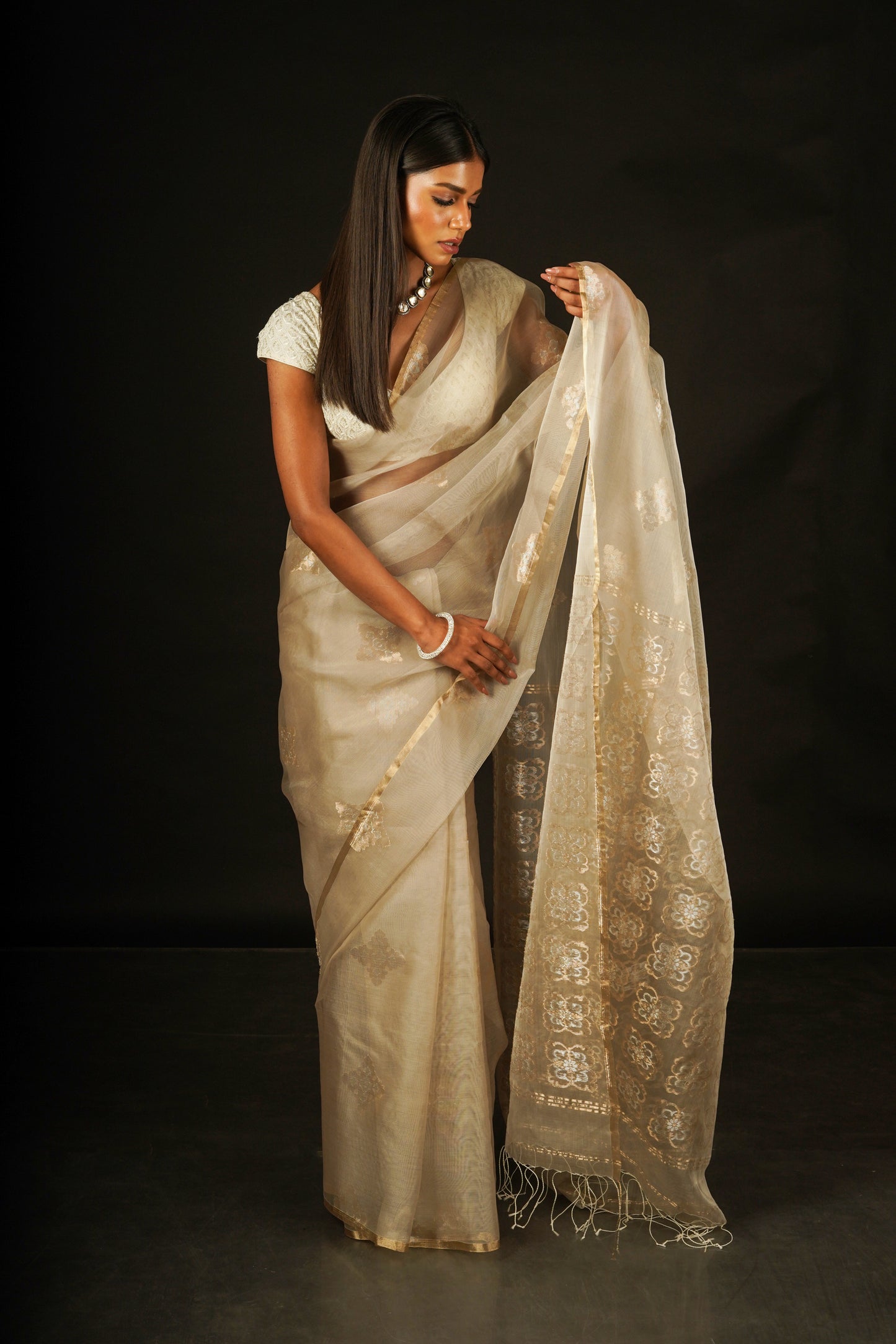 Beige Pure Organza Handloom Saree