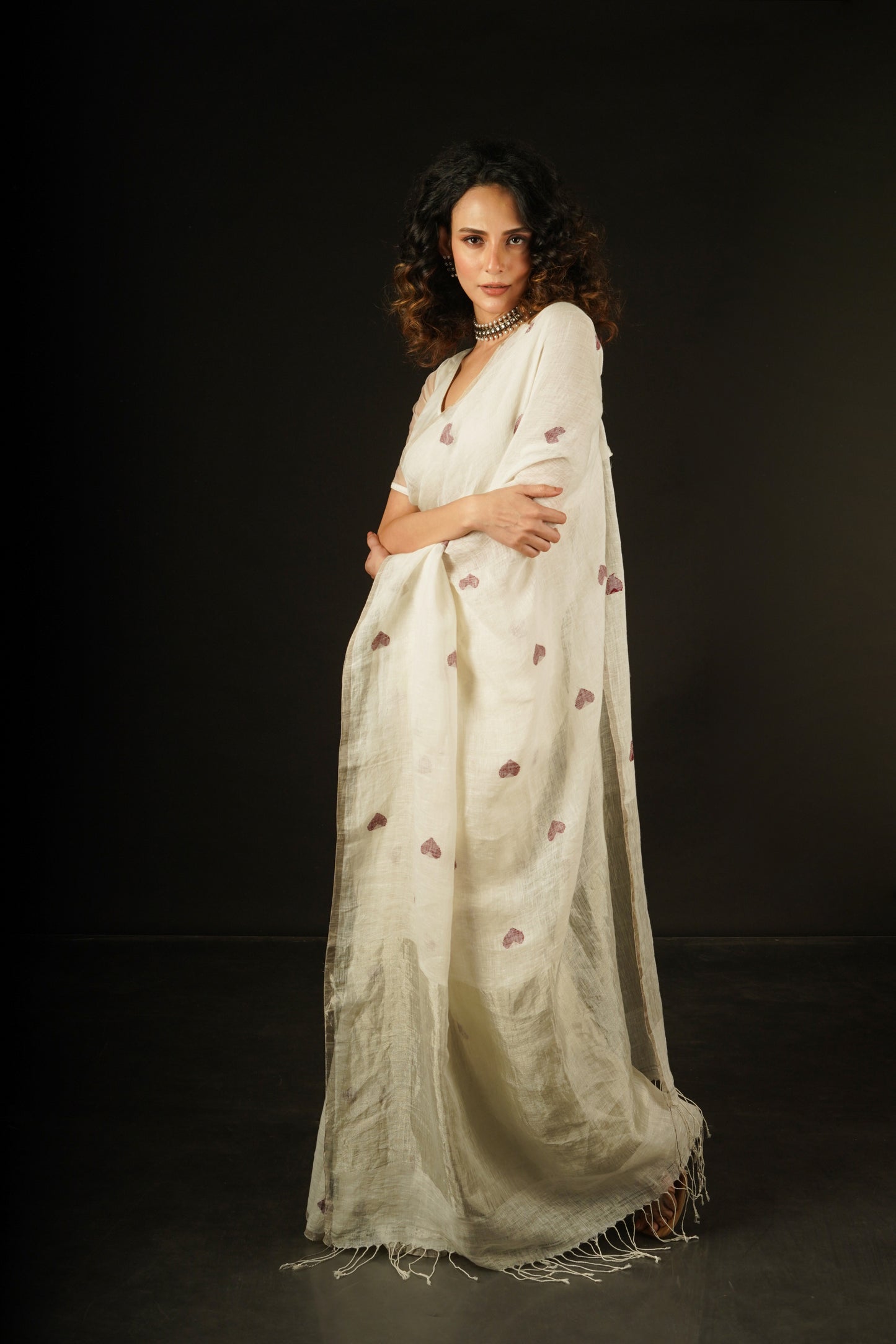 White Pure Linen Jamdani Handloom Saree