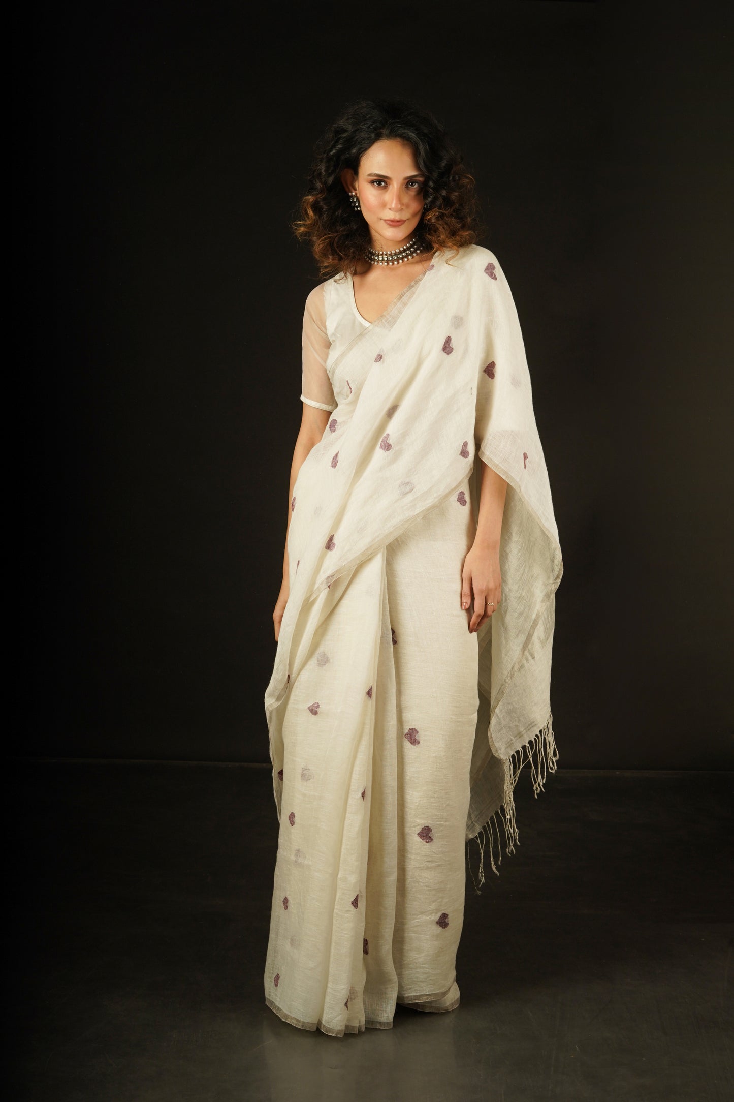 White Pure Linen Jamdani Handloom Saree