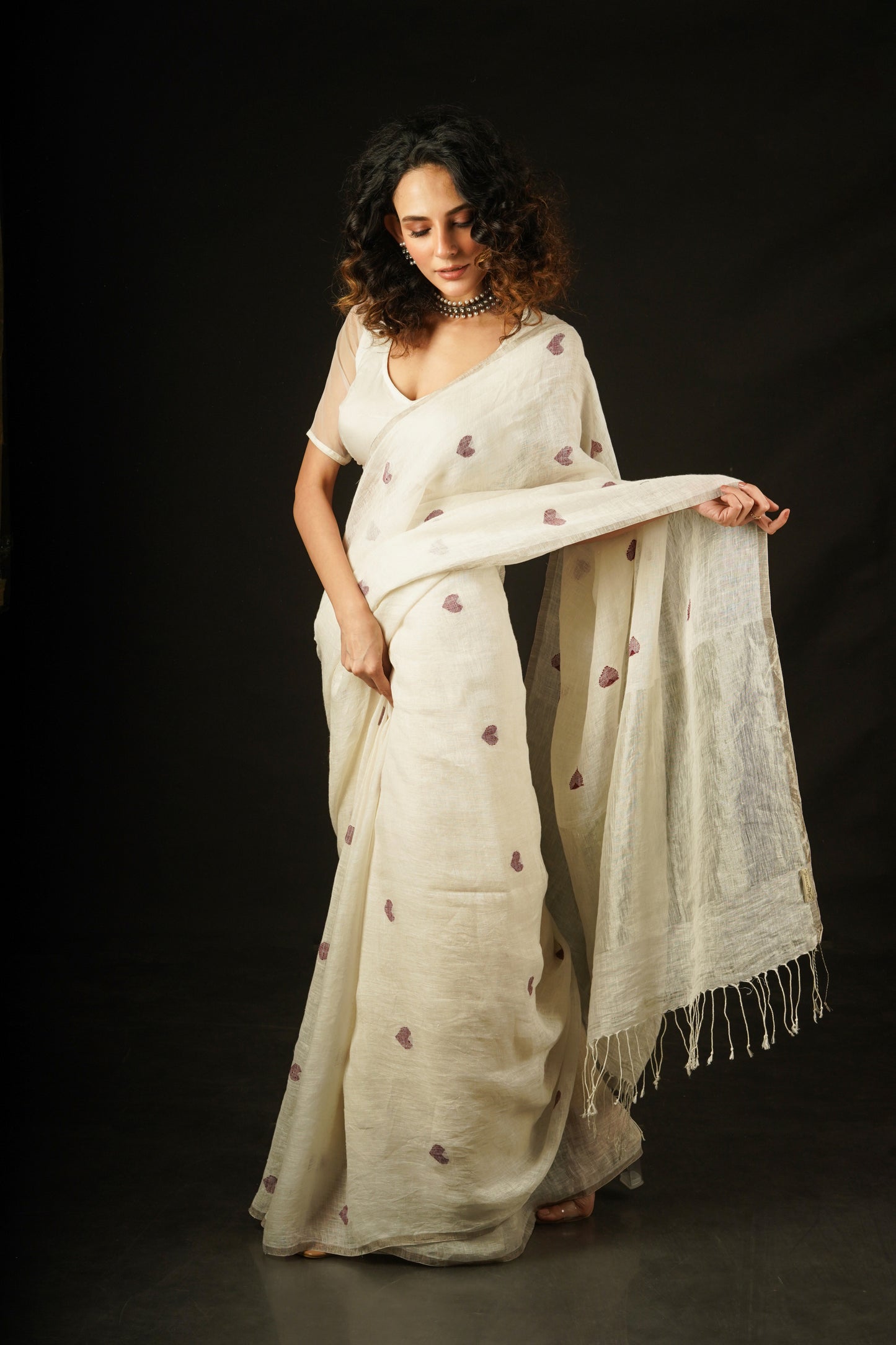 White Pure Linen Jamdani Handloom Saree