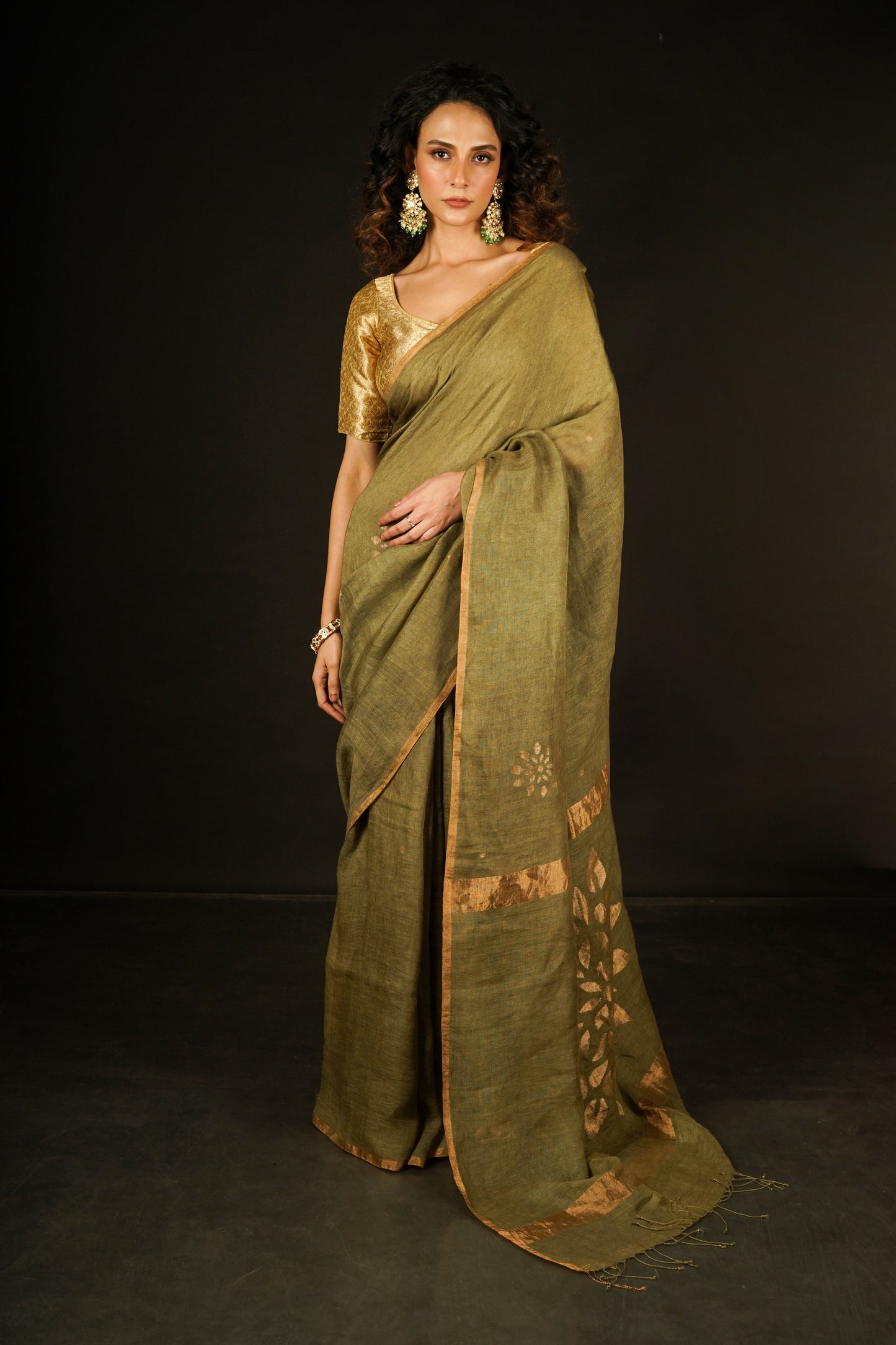 Green Pure Linen Jamdani Handloom Saree