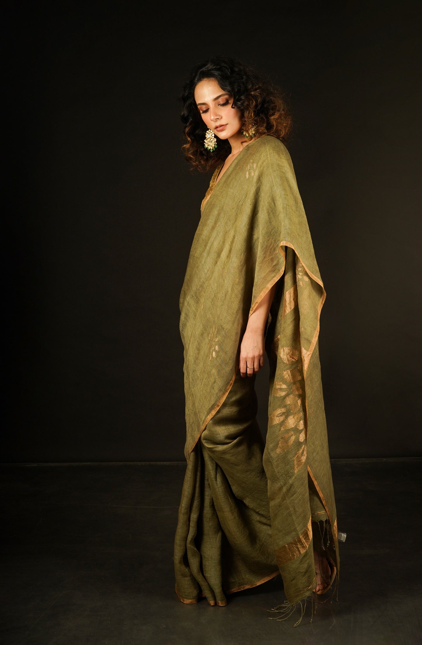 Green Pure Linen Jamdani Handloom Saree