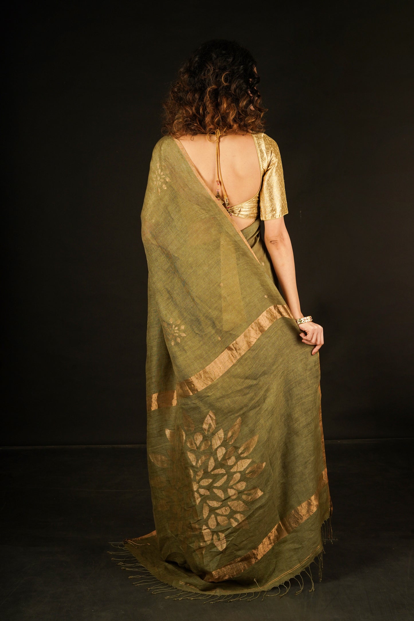 Green Pure Linen Jamdani Handloom Saree