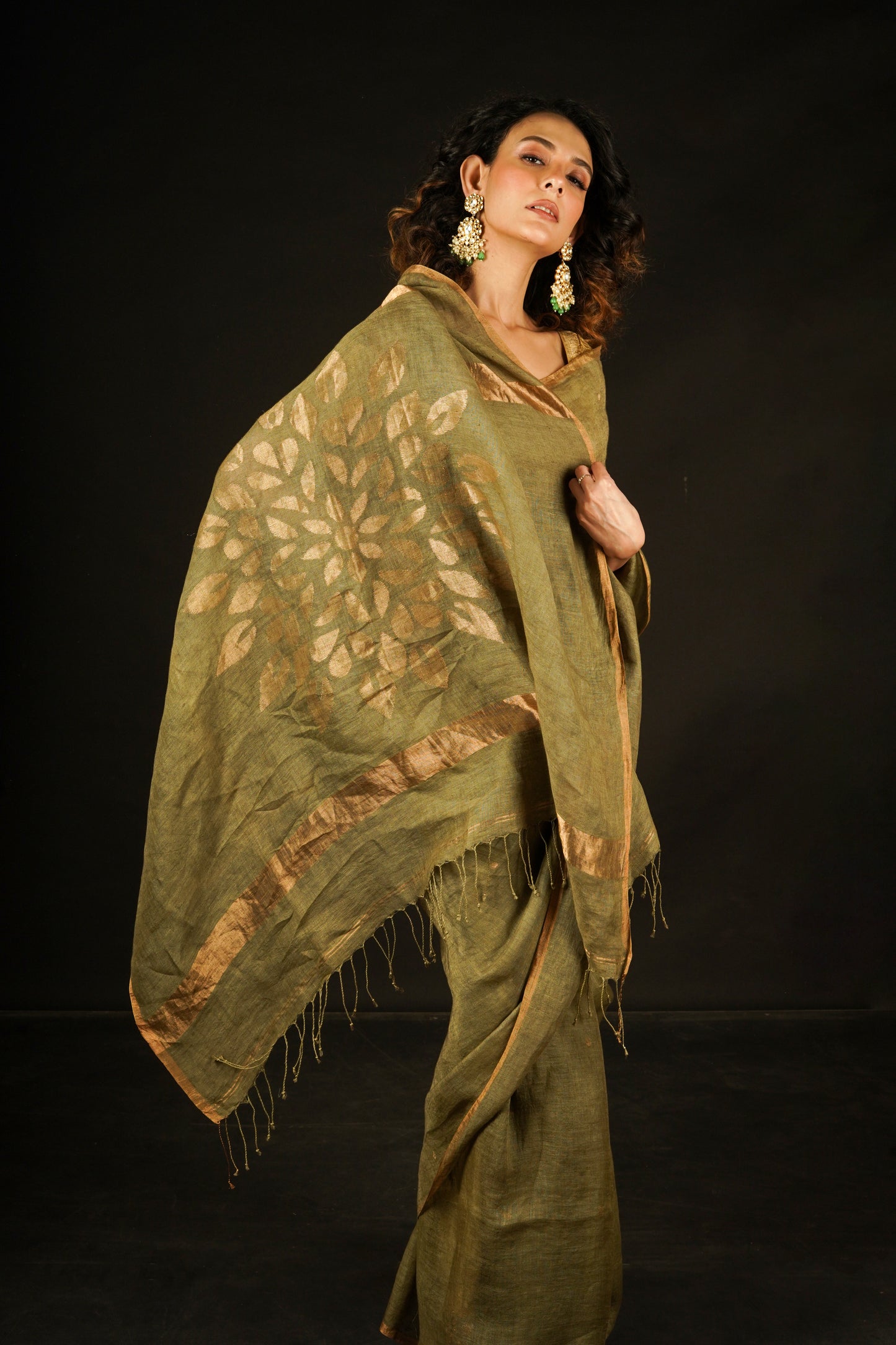 Green Pure Linen Jamdani Handloom Saree