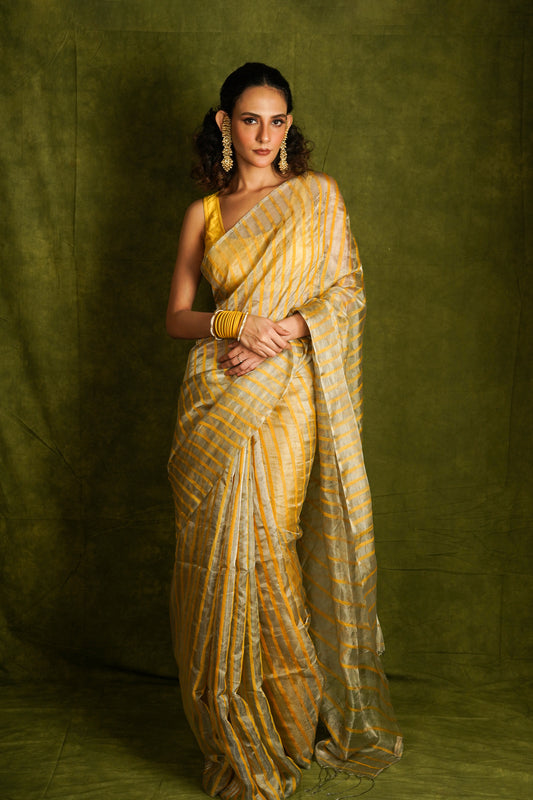 Yellow Tissue Organza Silk Handloom Saree