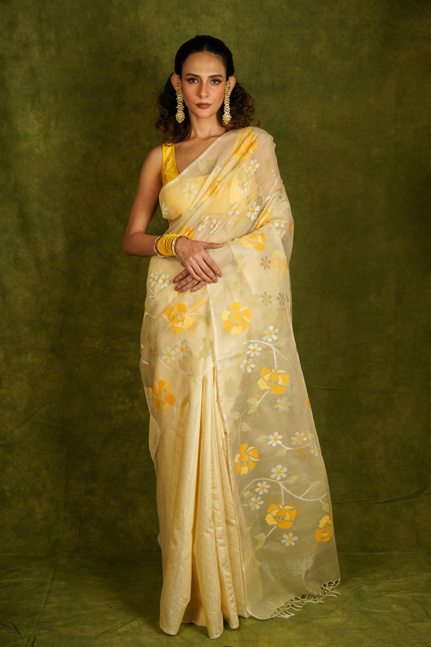 Yellow Pure Organza and Matka Jamdani Handloom Saree (Pre-Order)