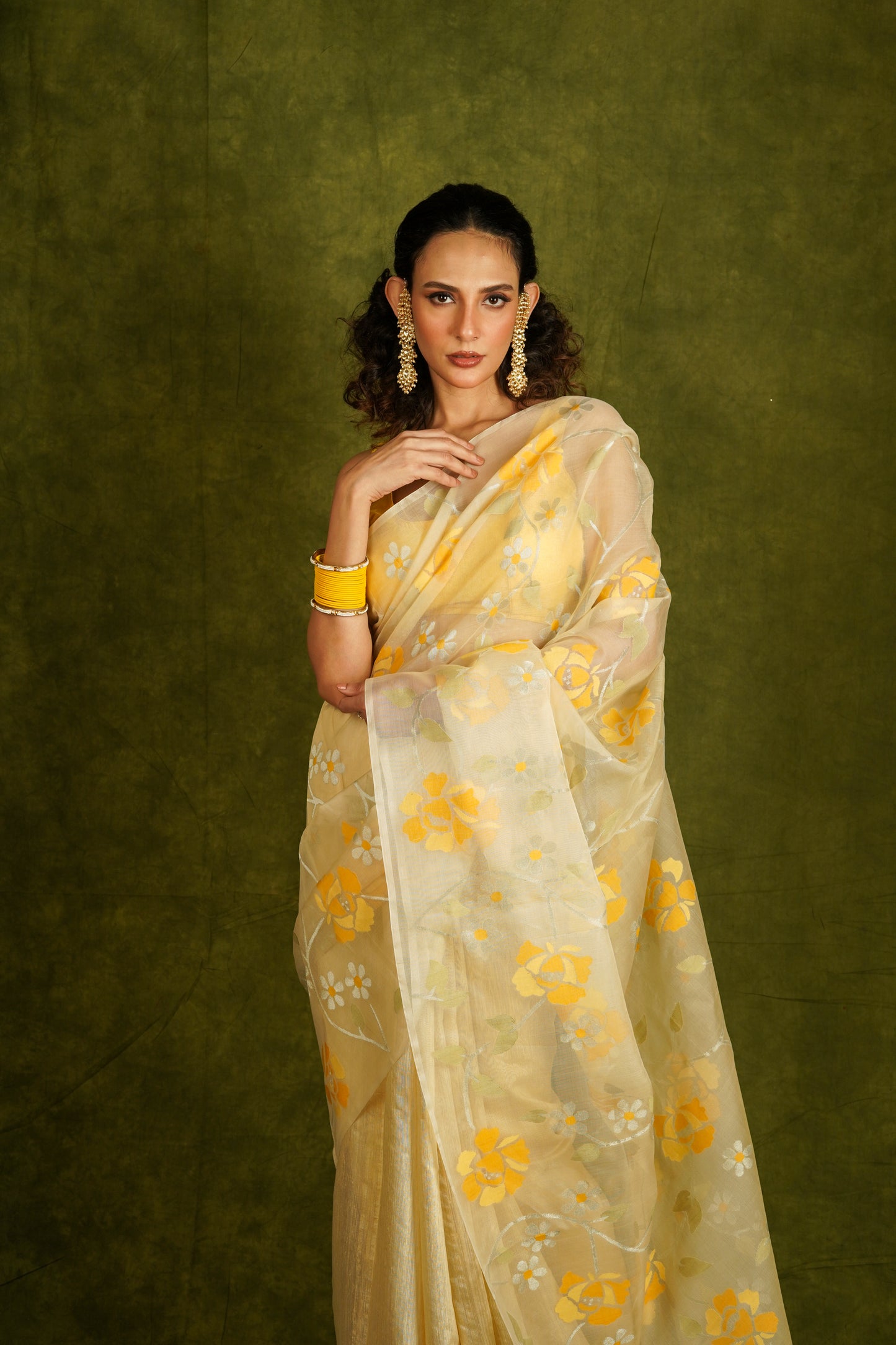 Yellow Pure Organza and Matka Jamdani Handloom Saree (Pre-Order)