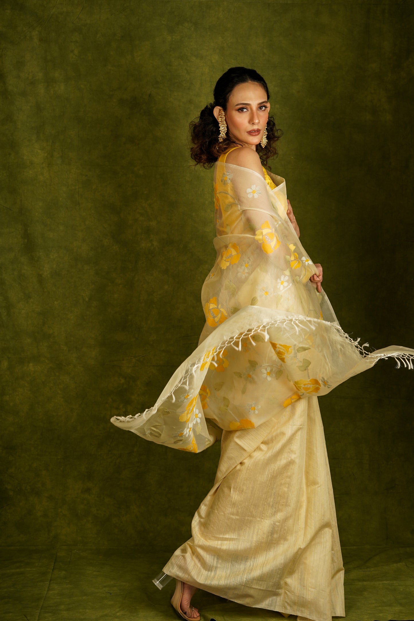 Yellow Pure Organza and Matka Jamdani Handloom Saree (Pre-Order)