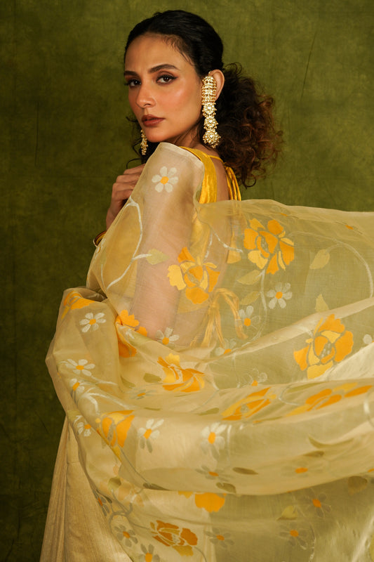 Yellow Pure Organza and Matka Jamdani Handloom Saree (Pre-Order)