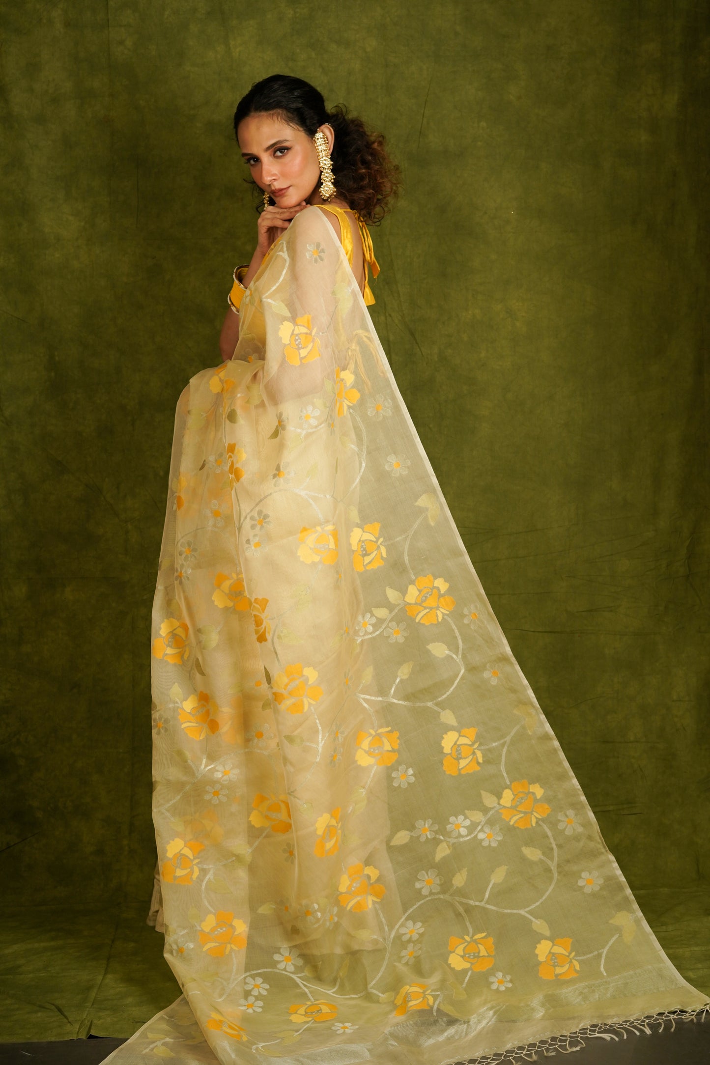 Yellow Pure Organza and Matka Jamdani Handloom Saree (Pre-Order)