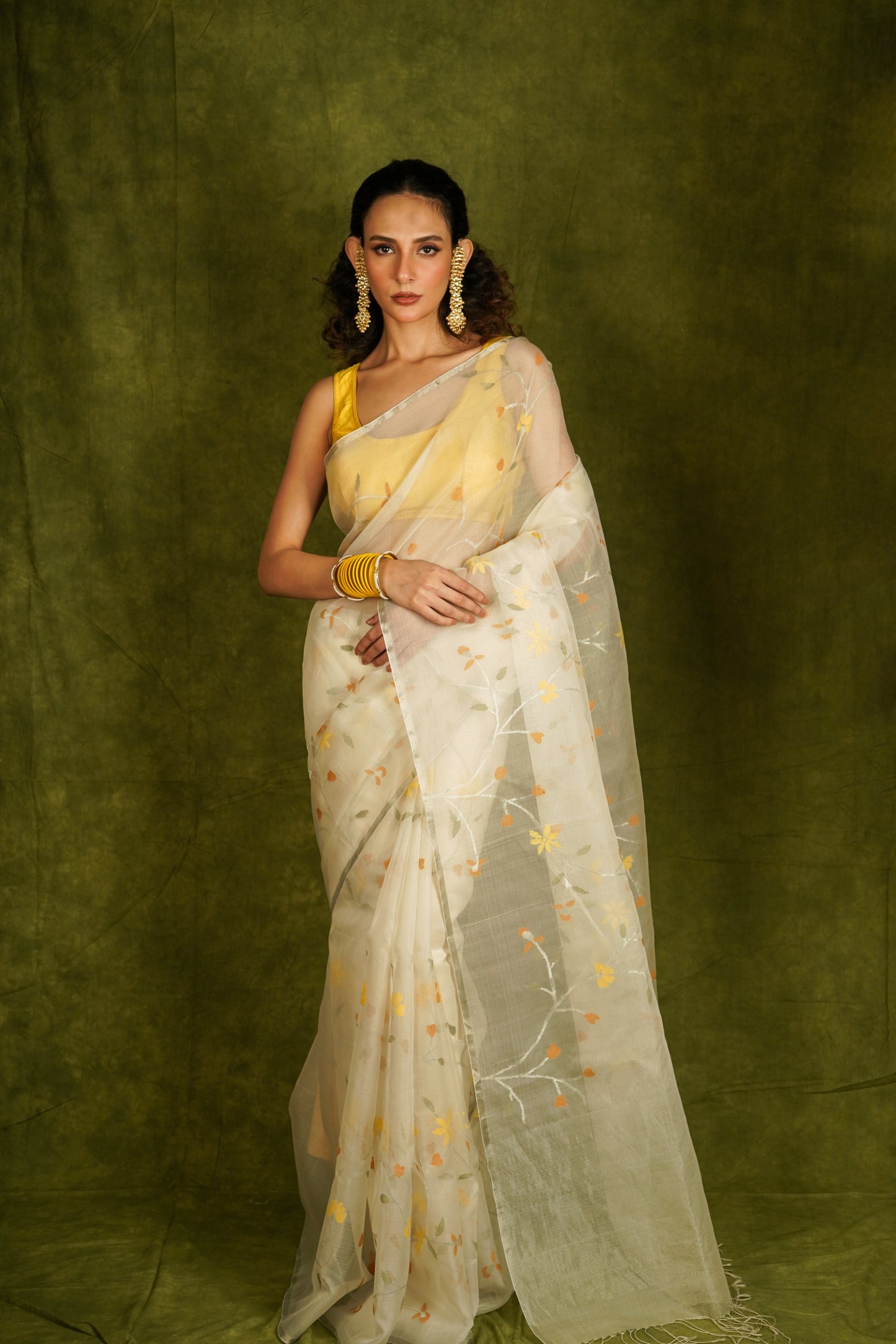 White Pure Organza Jamdani Handloom Saree