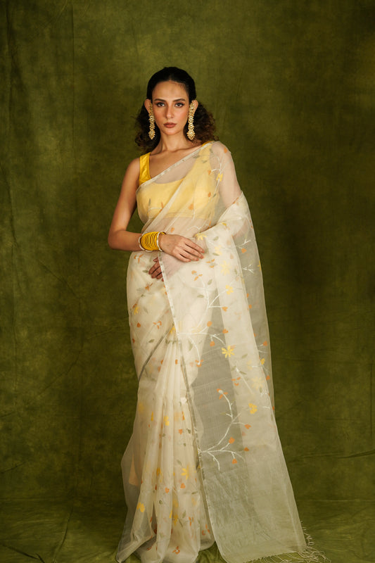 White Pure Organza Jamdani Handloom Saree