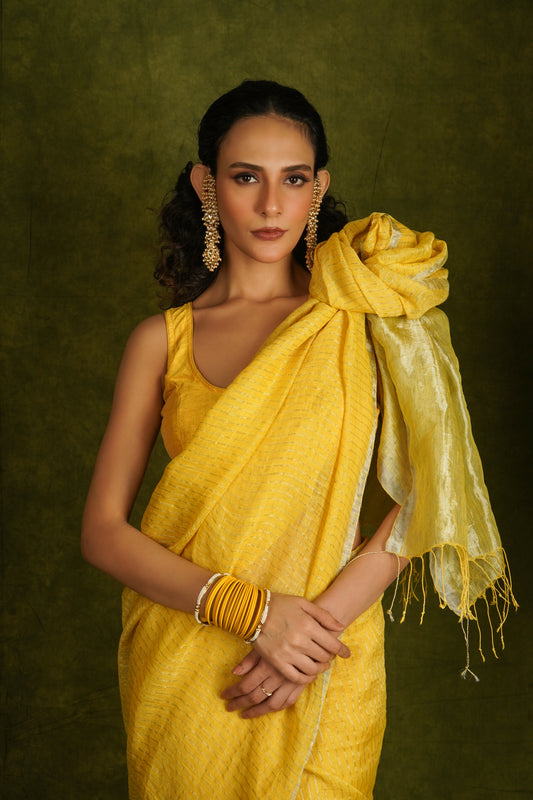 Yellow Pure Linen Handloom Saree