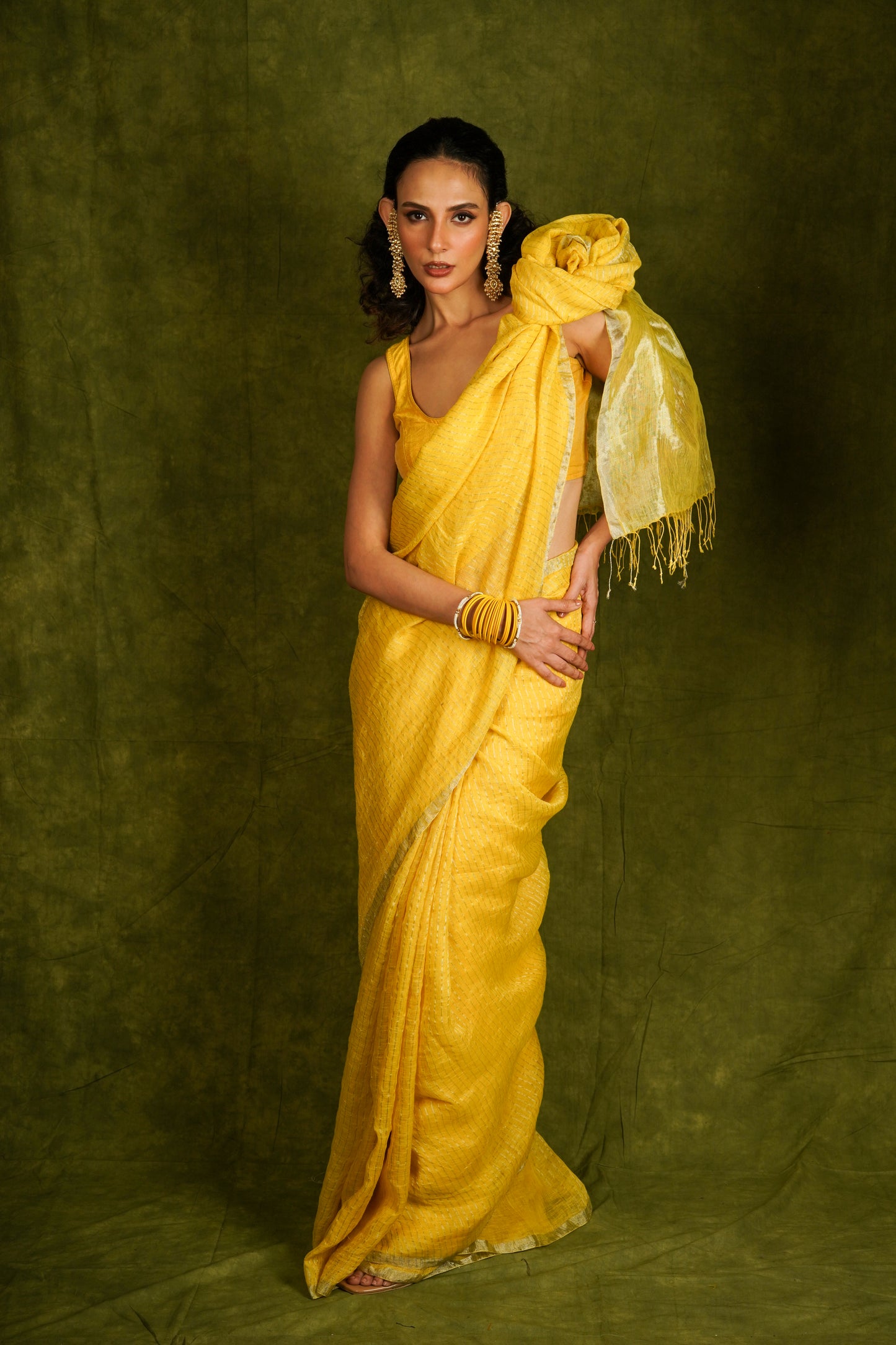 Yellow Pure Linen Handloom Saree