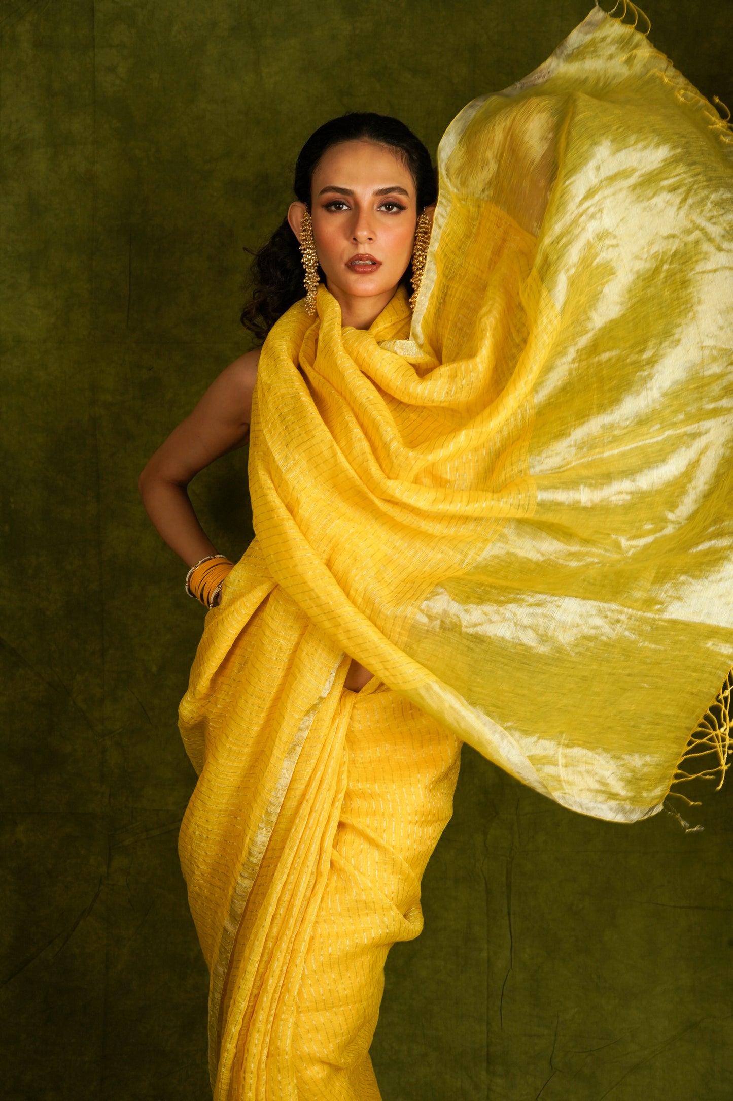 Yellow Pure Linen Handloom Saree