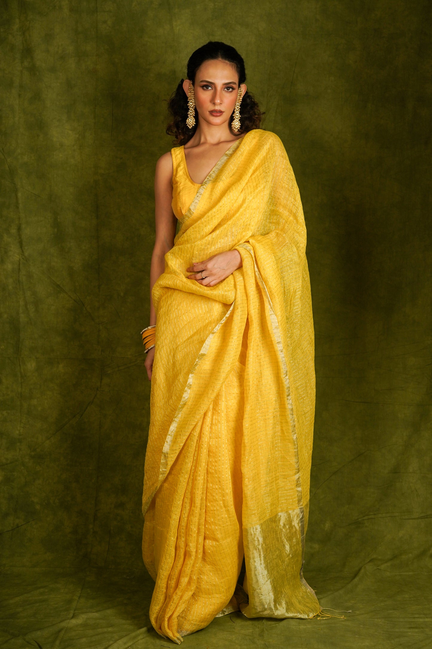 Yellow Pure Linen Handloom Saree