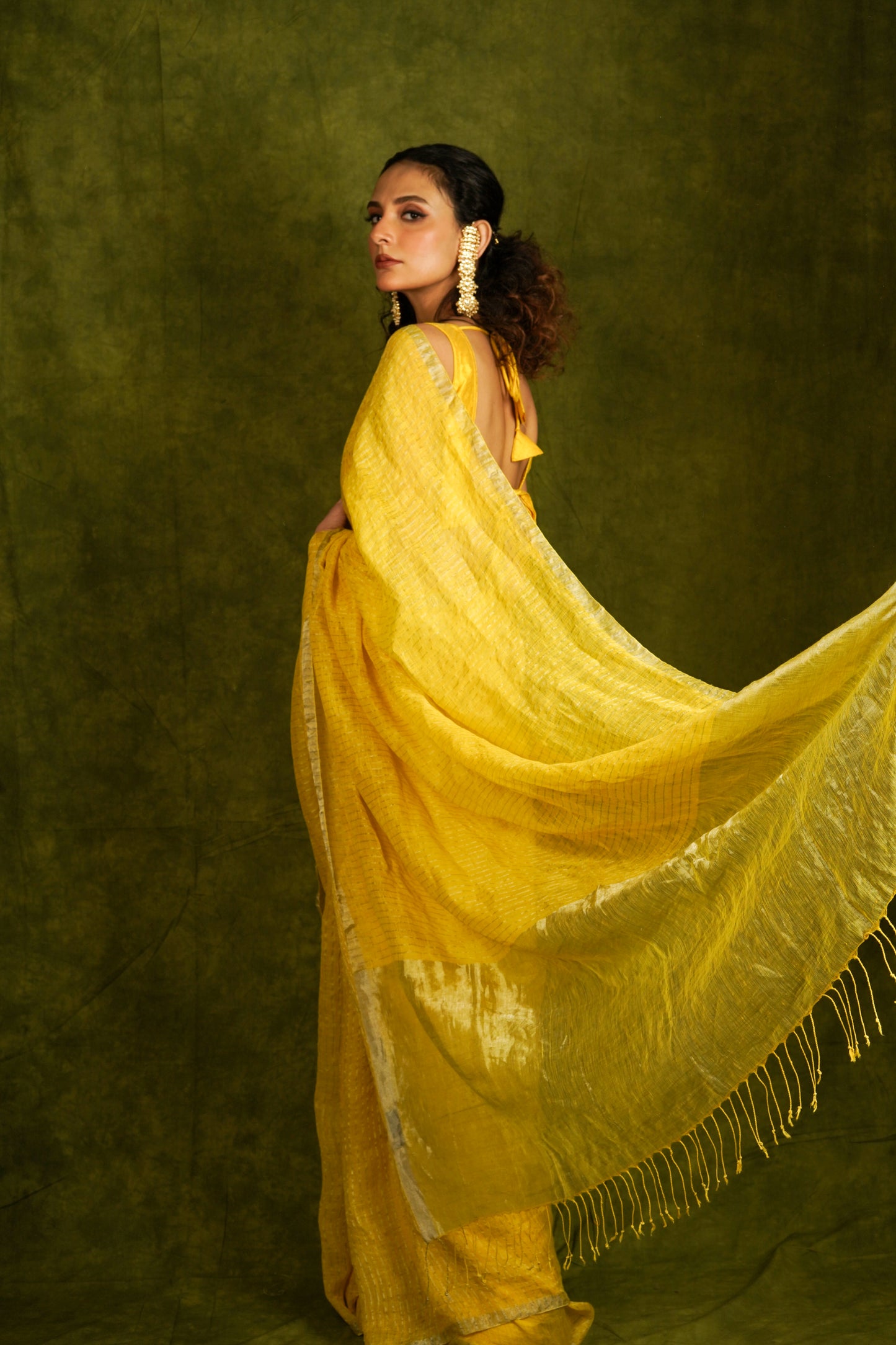 Yellow Pure Linen Handloom Saree