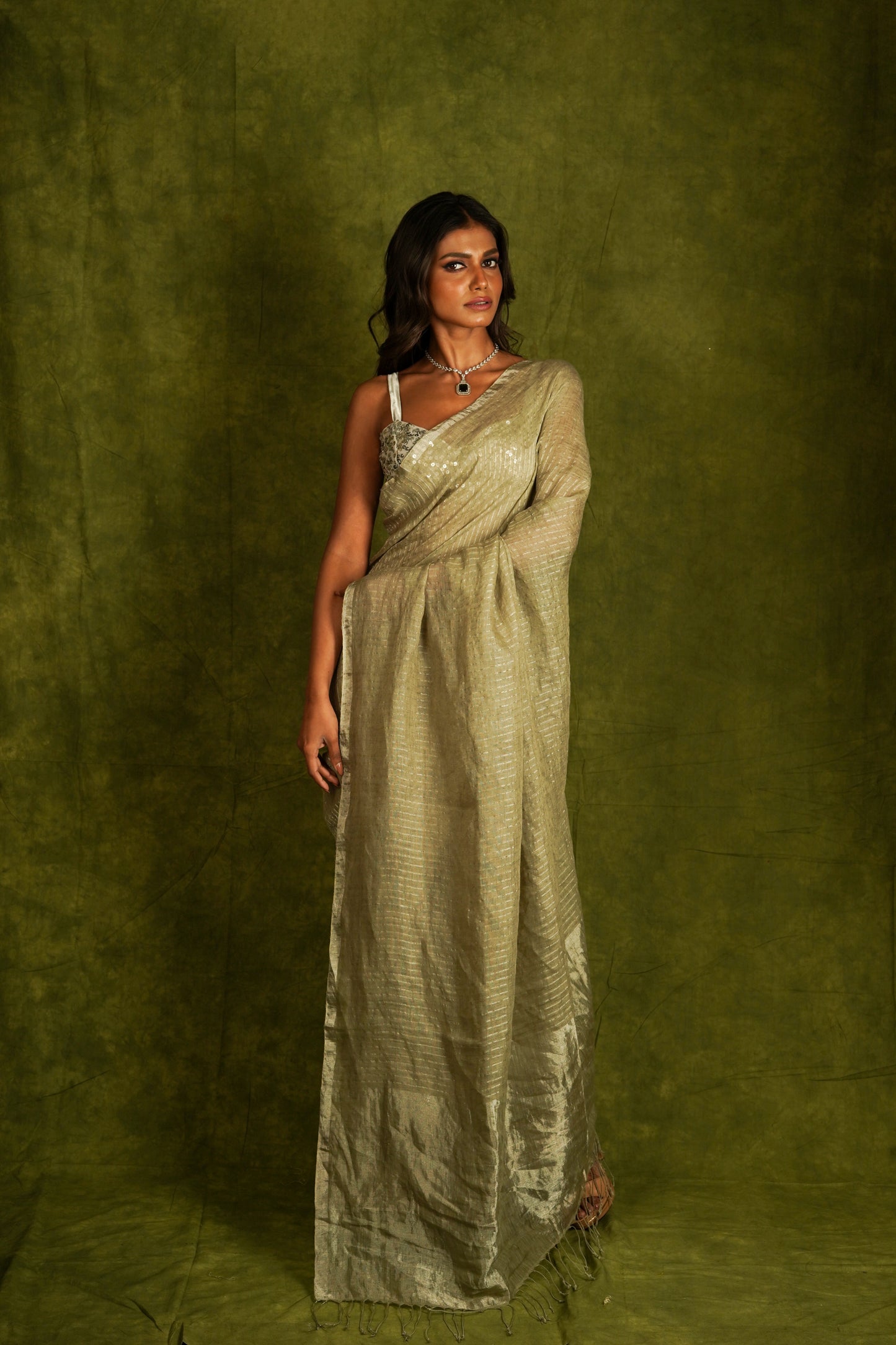 Green Pure Linen Handloom Saree