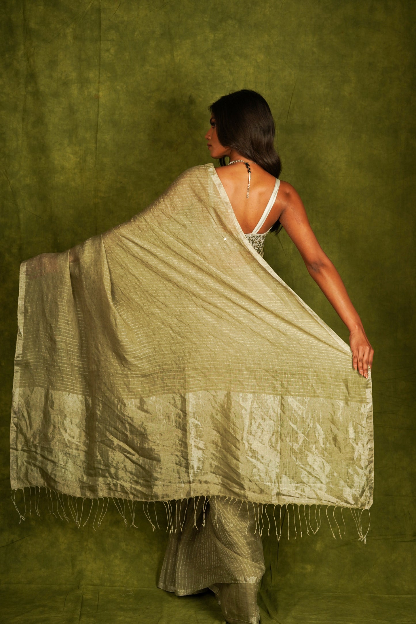 Green Pure Linen Handloom Saree