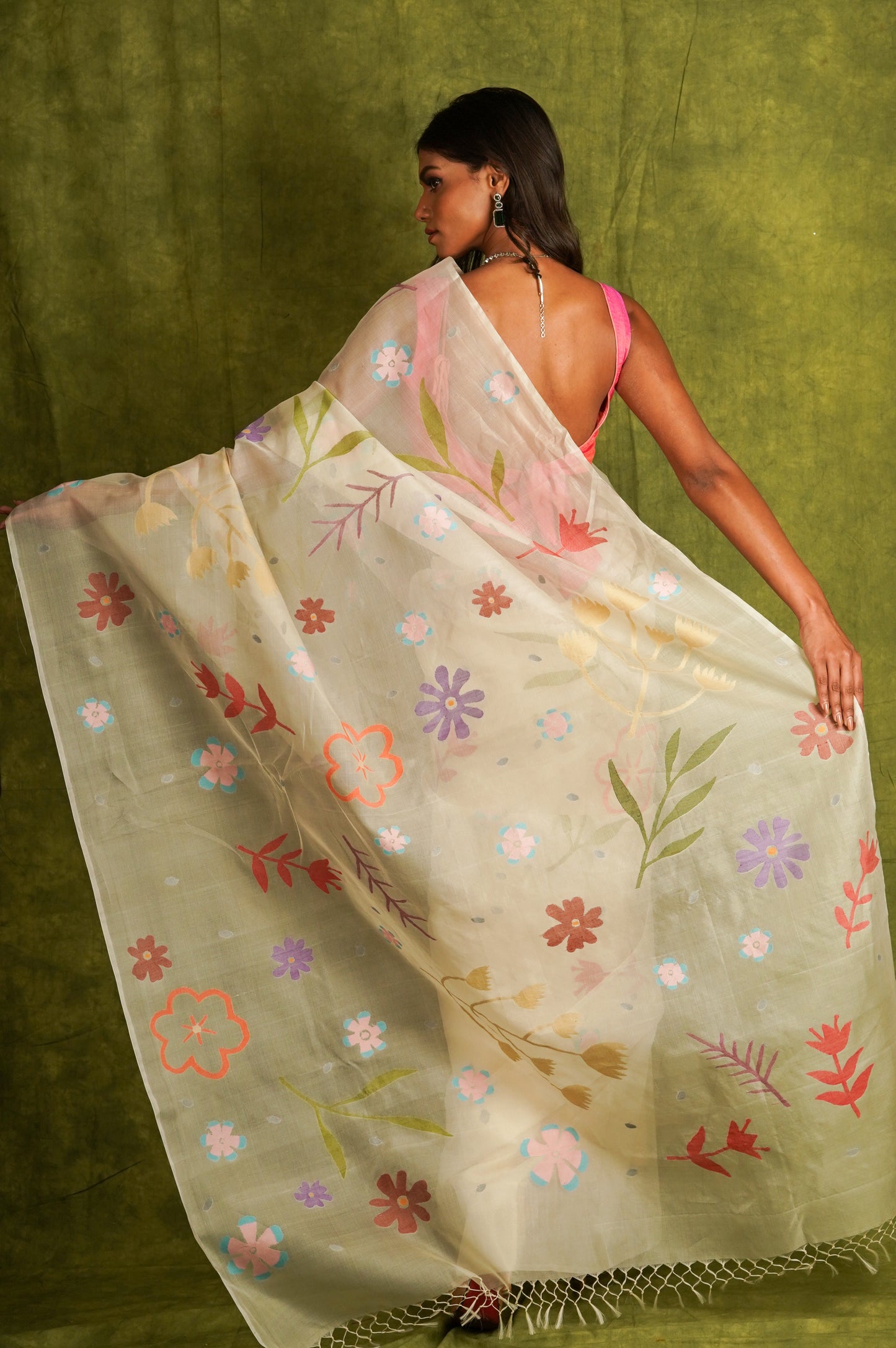 White Pure Organza Silk Jamdani Handloom Saree