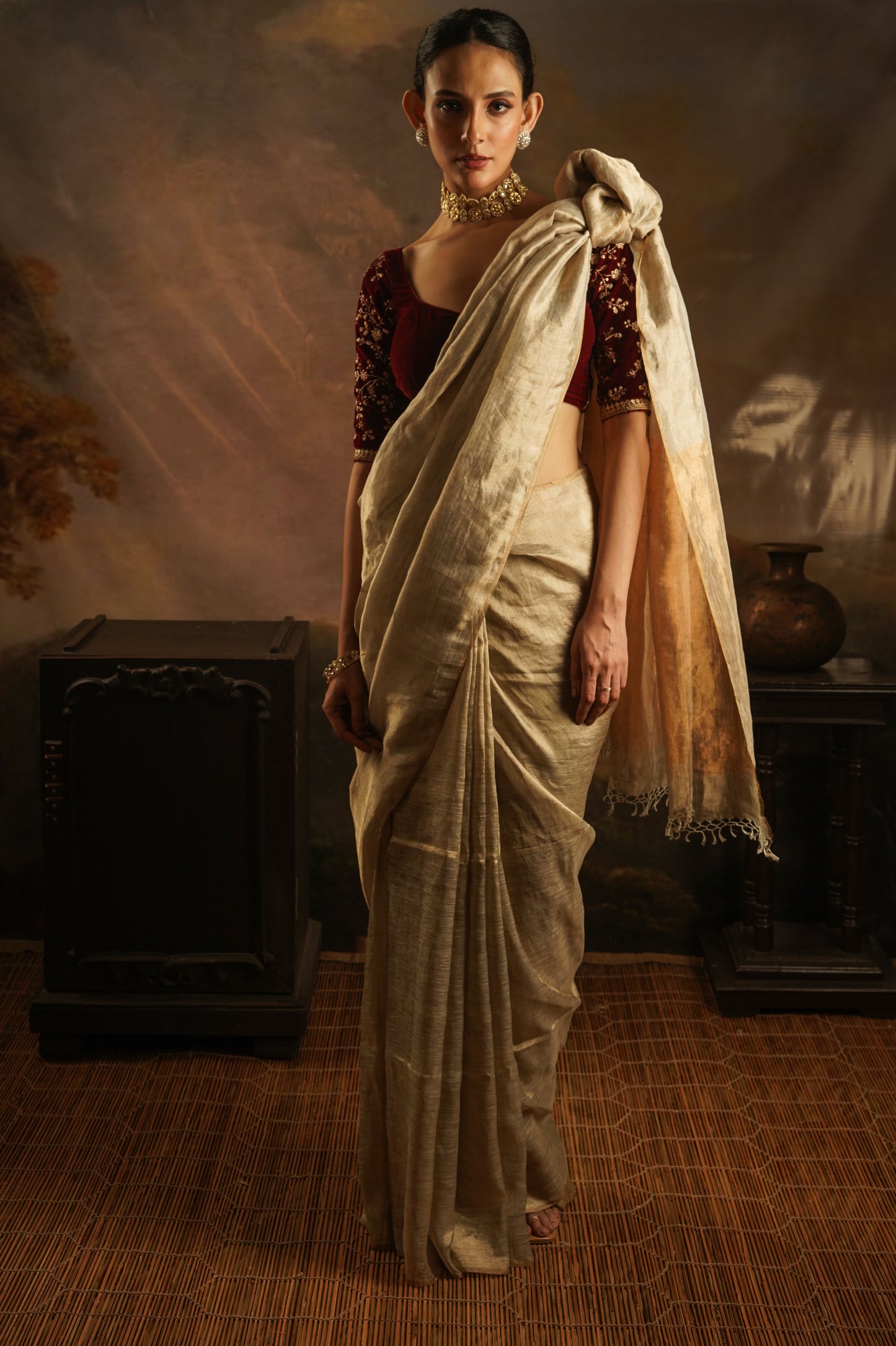 Golden Tissue Linen Handloom Saree