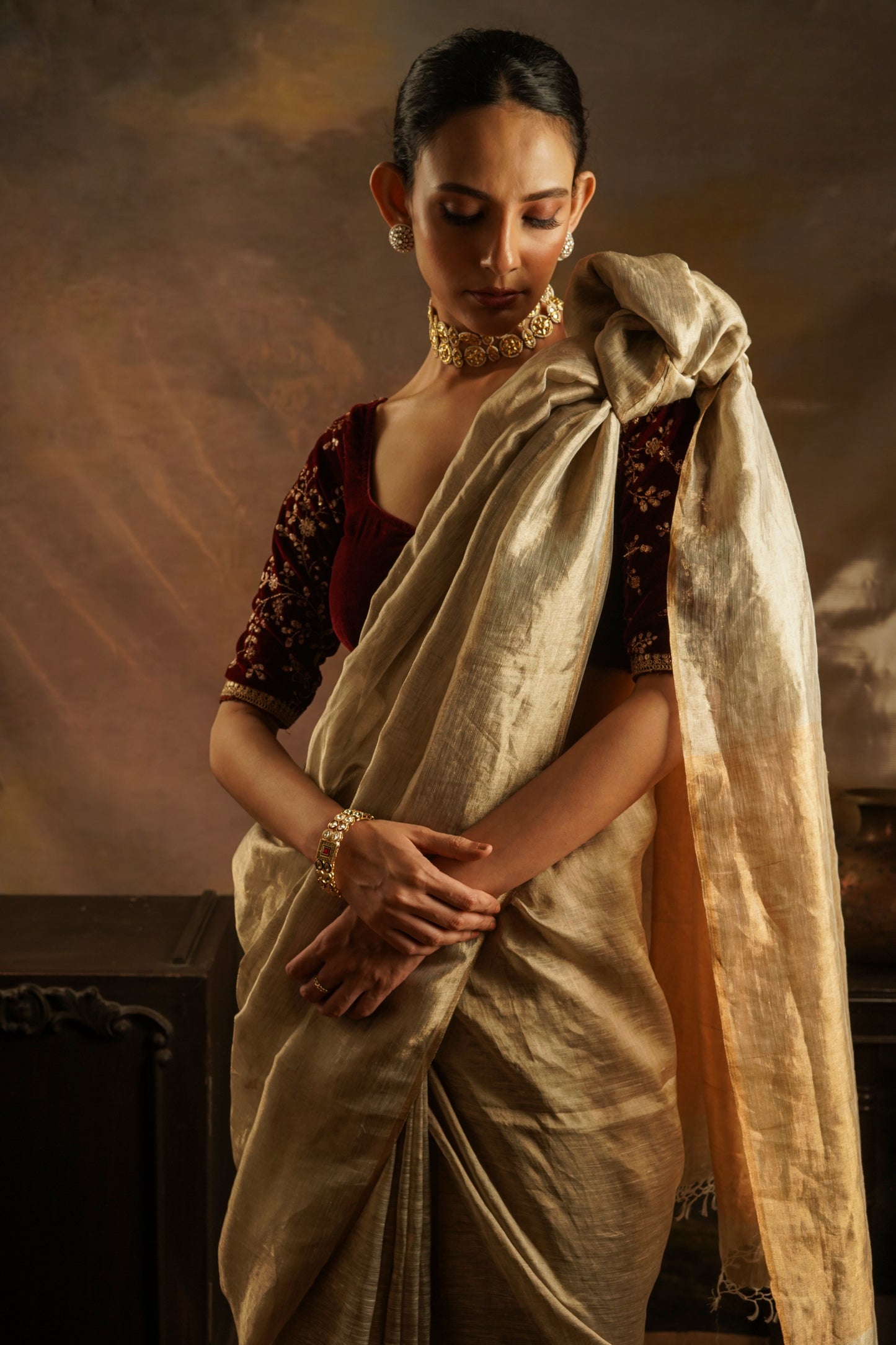 Golden Tissue Linen Handloom Saree