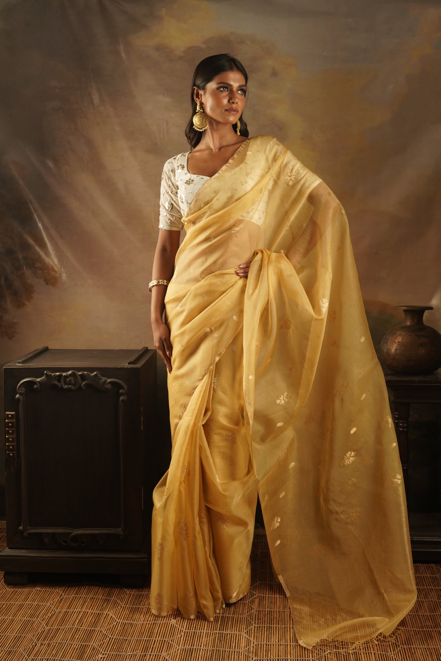 Golden Pure Organza Silk Jamdani Handloom Saree