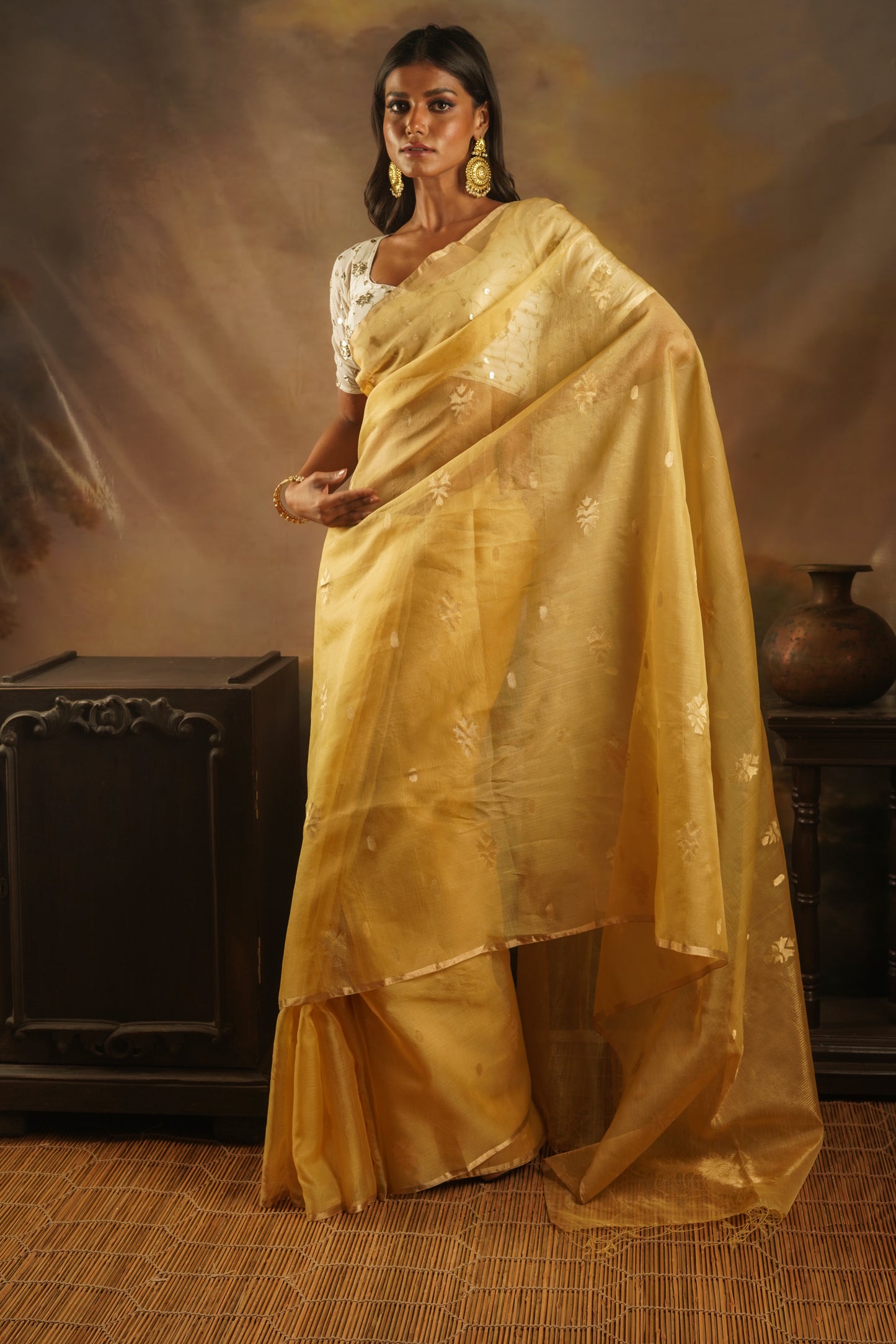 Golden Pure Organza Silk Jamdani Handloom Saree