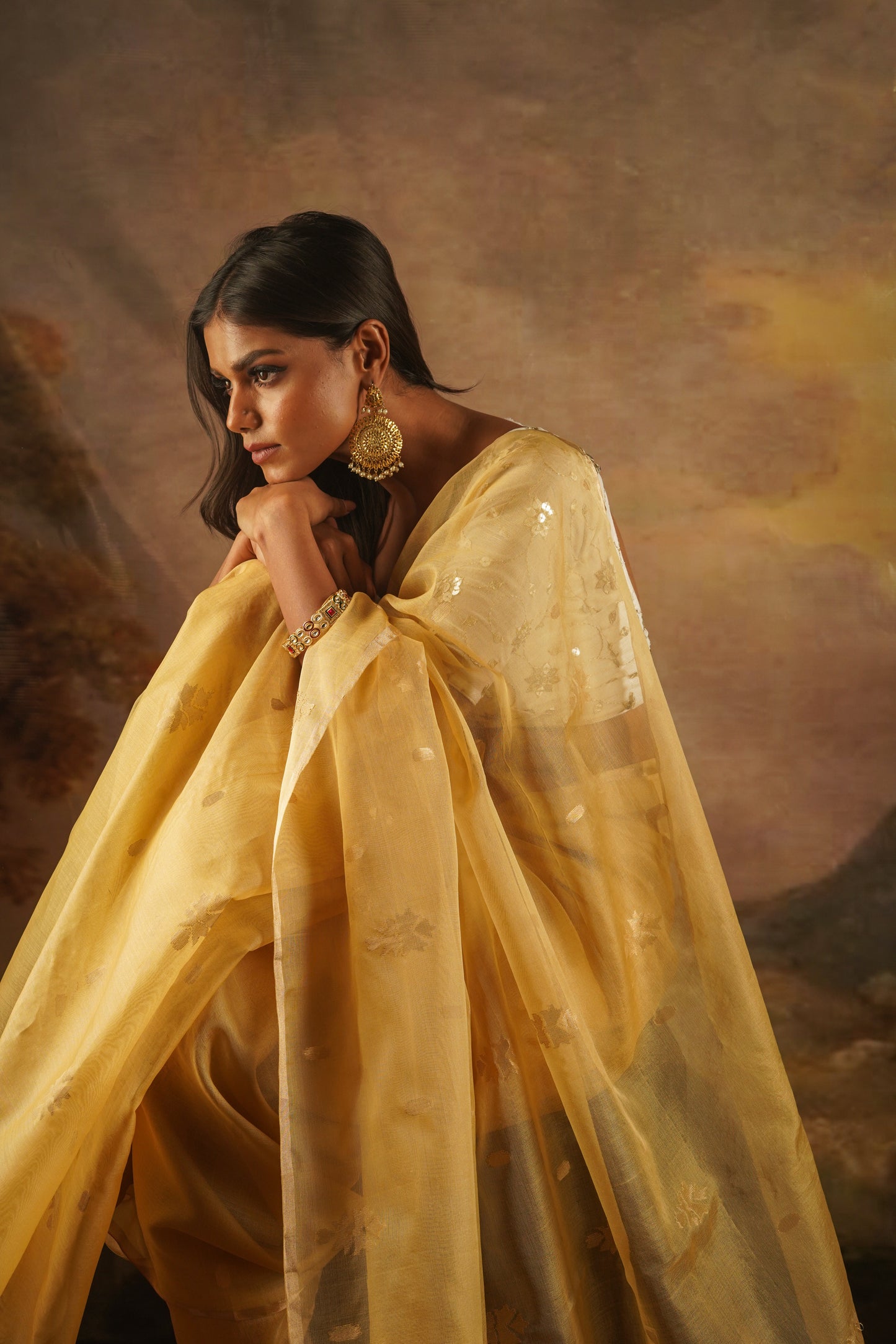 Golden Pure Organza Silk Jamdani Handloom Saree