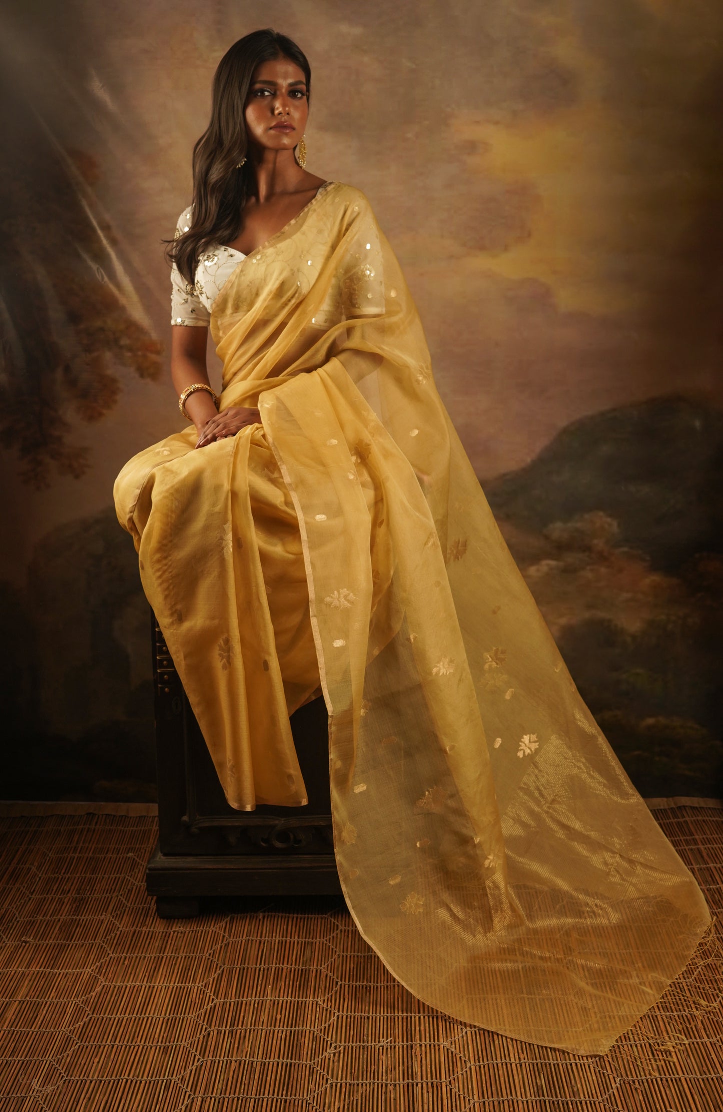 Golden Pure Organza Silk Jamdani Handloom Saree