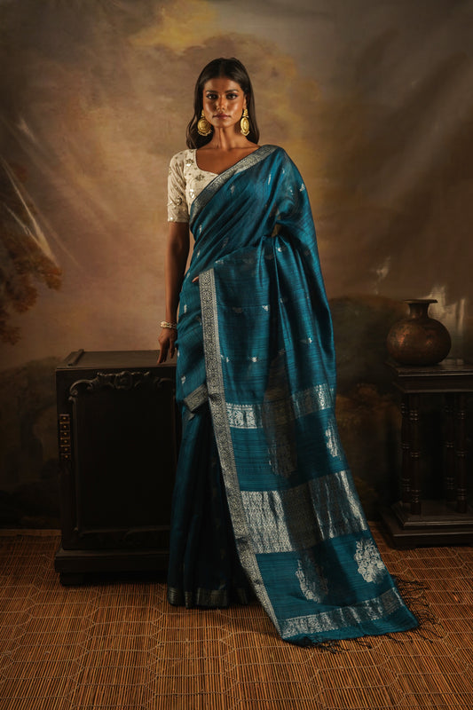 Teal Pure Matka Silk Banarasi Handloom Saree