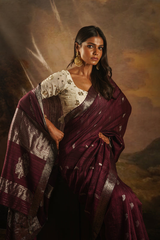 Plum Pure Matka Silk Banarasi Handloom Saree