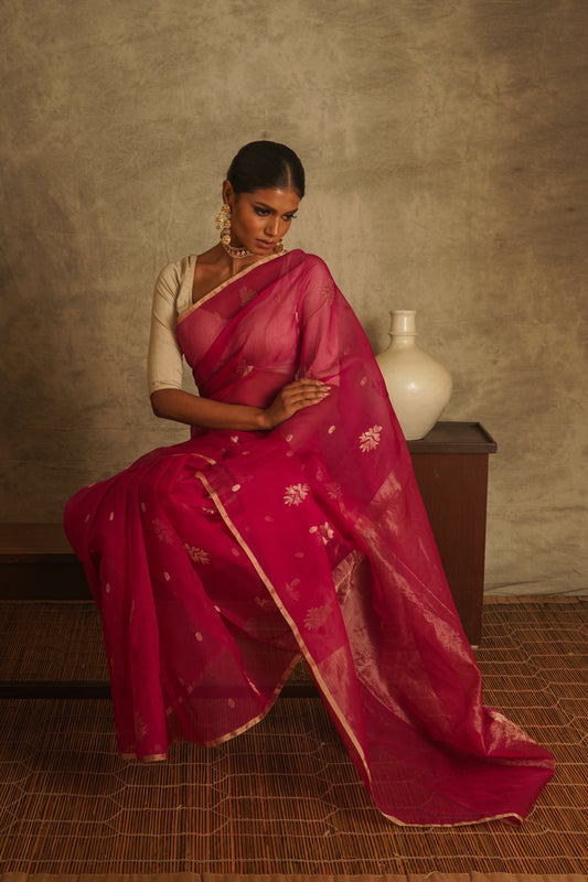 Fuchsia Pure Organza Silk Jamdani Handloom Saree